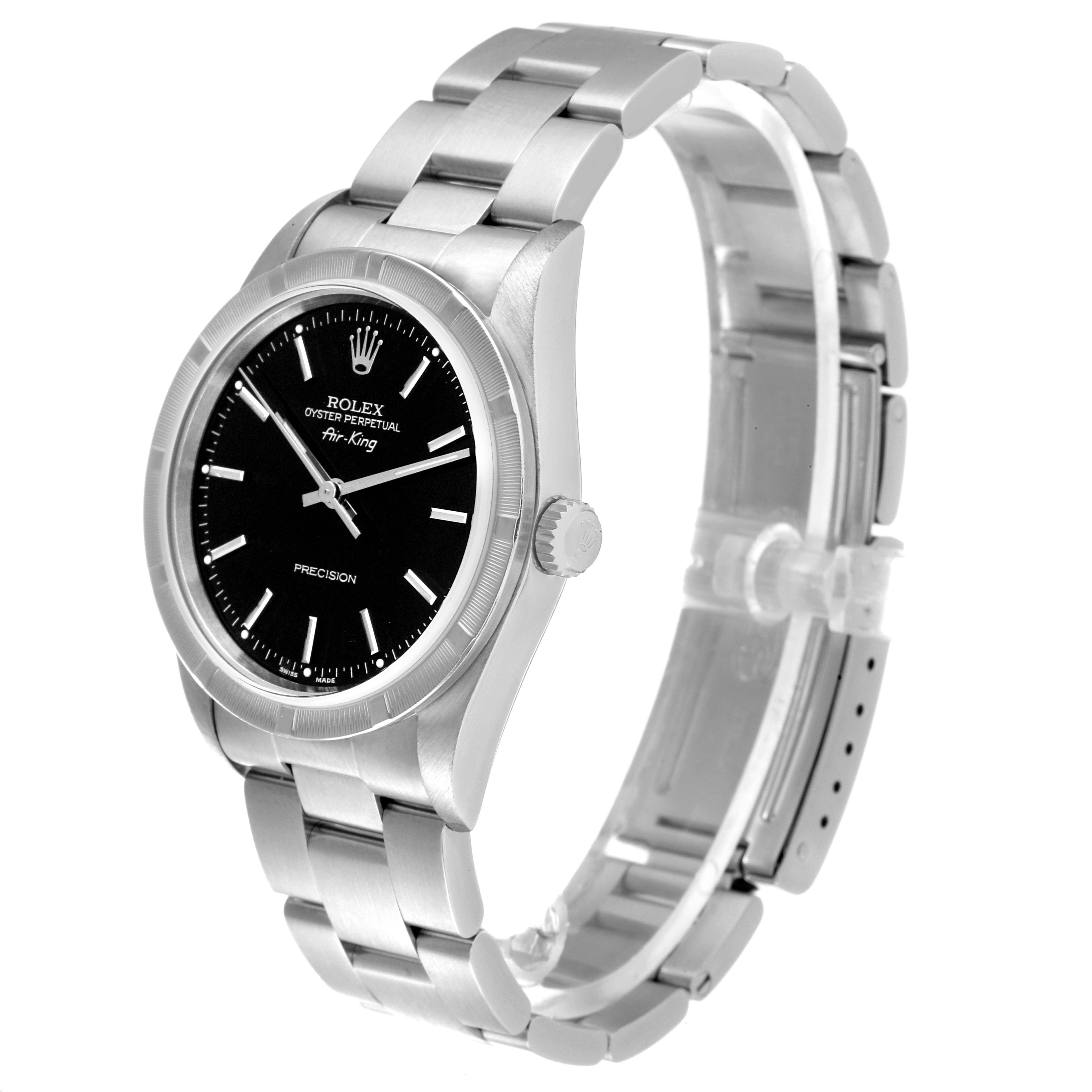 The image shows an angled view of the Rolex Air-King 14010 Men's Stainless Steel Black Dial 14010 Men's Stainless Steel Black Dial watch, highlighting its face, bezel, crown, and bracelet.