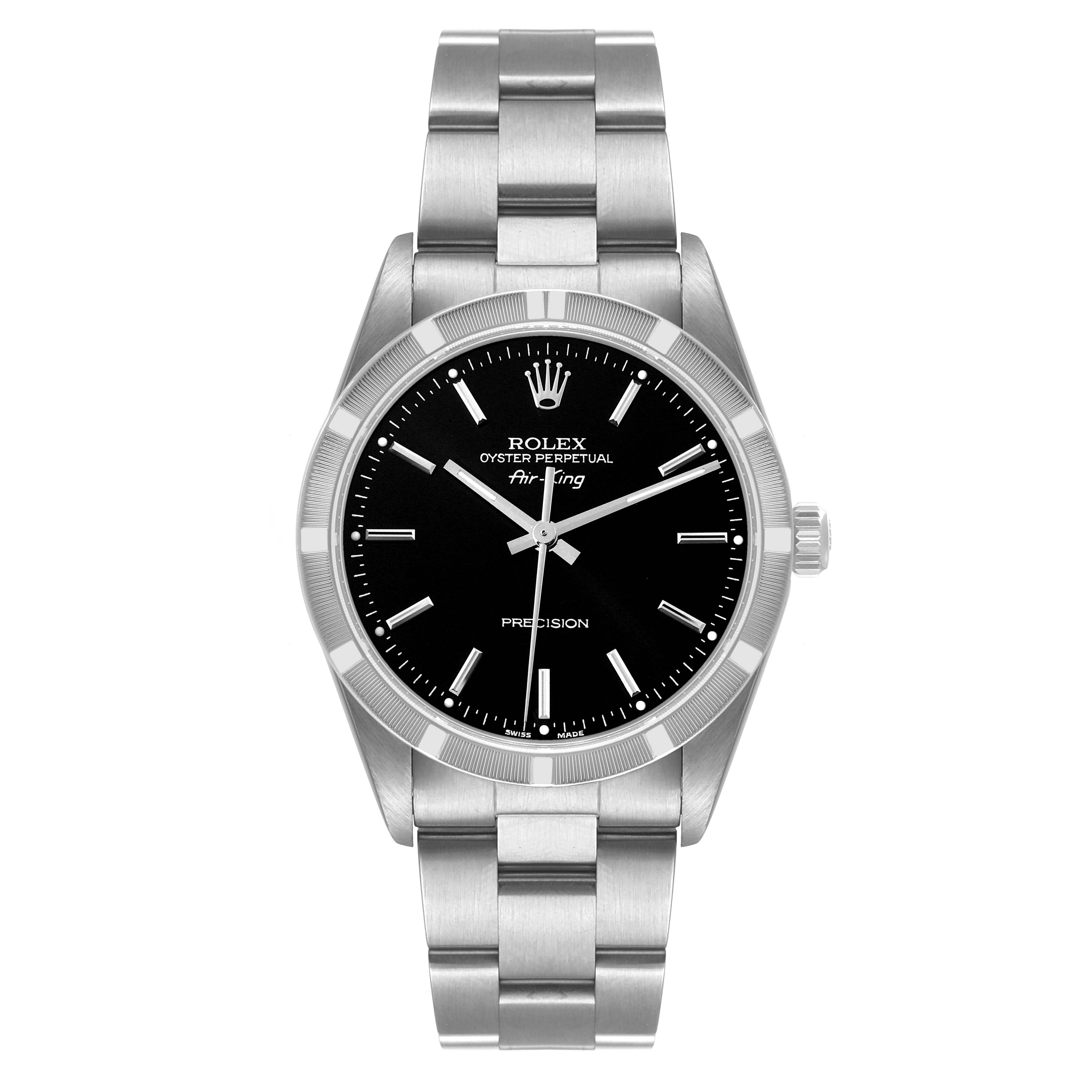 The image shows a front view of a Rolex Air-King 14010 Men's Stainless Steel Black Dial 14010 Men's Stainless Steel Black Dial watch, displaying the dial, hands, crown, and bracelet.