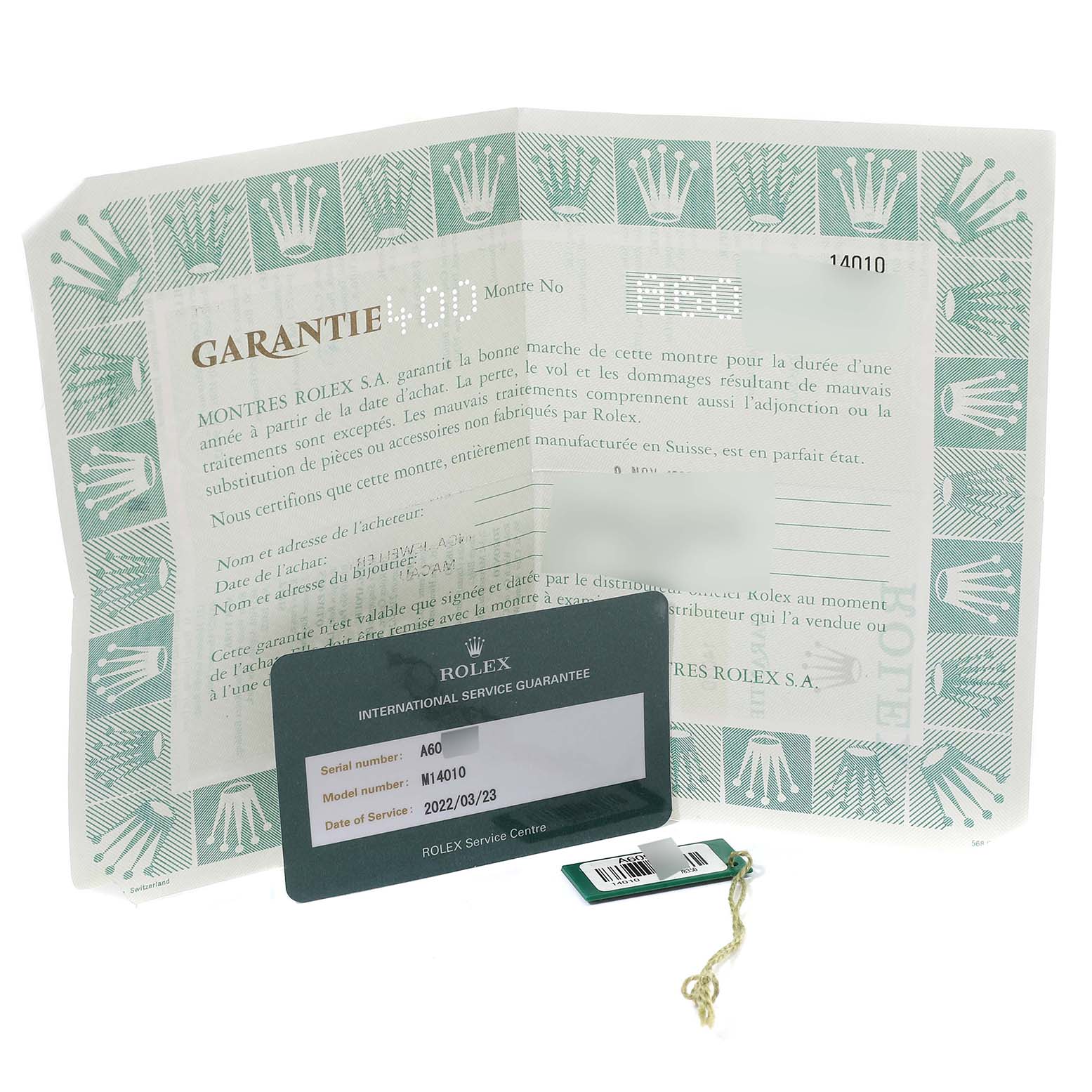 The image shows the warranty card, international service guarantee card, and a tag for the Rolex Air-King 14010 Men's Stainless Steel Black Dial 14010 Men's Stainless Steel Black Dial model.