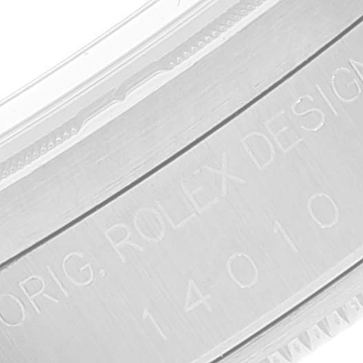 The image shows a close-up of the case, featuring engravings of the Rolex Air-King 14010 Men's Stainless Steel Black Dial 14010 Men's Stainless Steel Black Dial model number and the brand inscription.