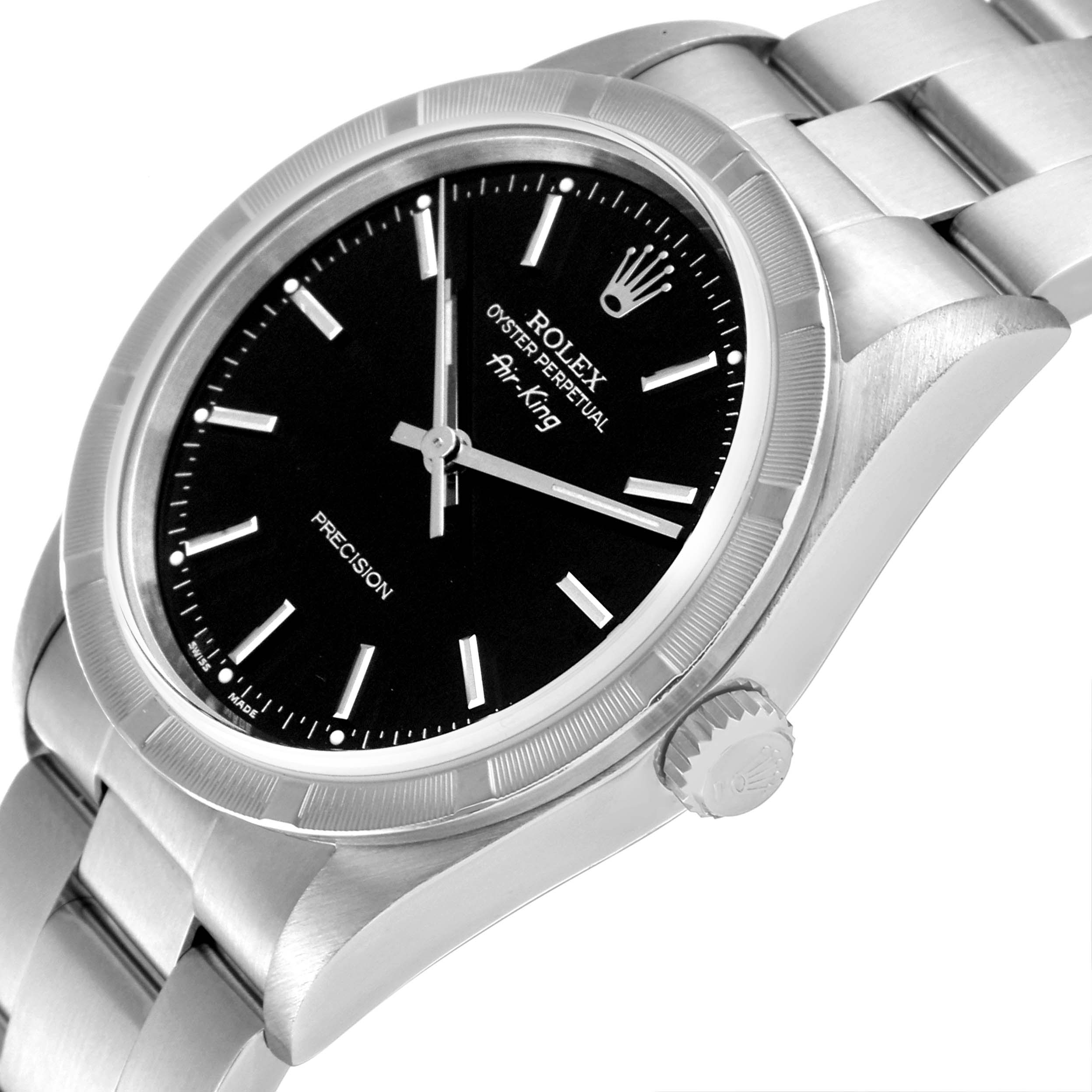 The Rolex Air-King 14010 Men's Stainless Steel Black Dial 14010 Men's Stainless Steel Black Dial watch is shown at a side angle, highlighting its black dial, crown, and part of the bracelet.
