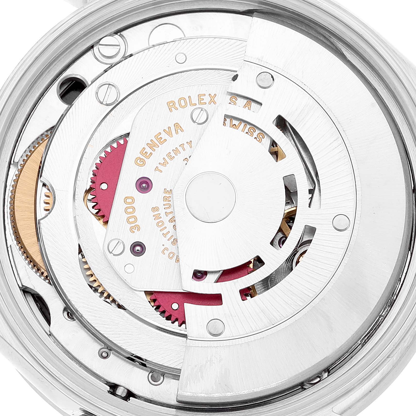 This image shows the intricate internal mechanism of the Rolex Air-King 14010 Men's Stainless Steel Black Dial 14010 Men's Stainless Steel Black Dial watch, viewed from the back.