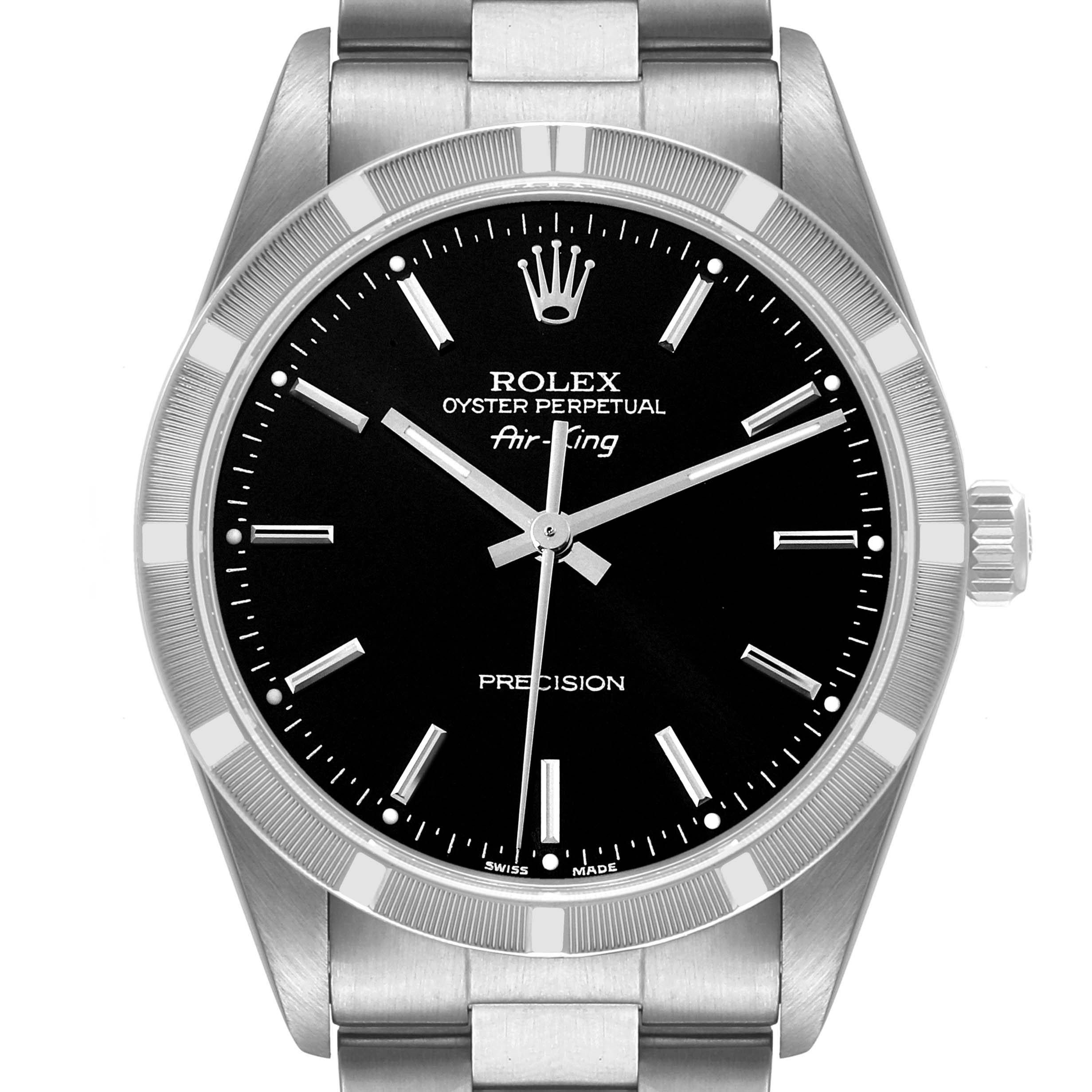 The image shows a front view of a Rolex Air-King 14010 Men's Stainless Steel Black Dial 14010 Men's Stainless Steel Black Dial watch, highlighting its black dial, hour markers, and stainless steel bracelet.