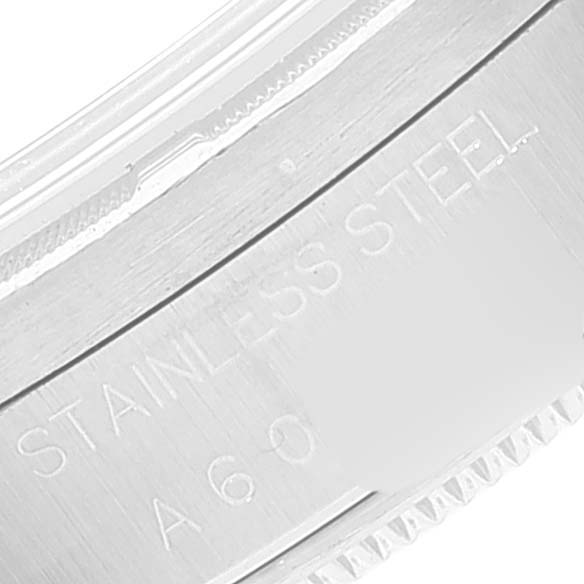 This close-up image shows the stainless steel case side detail and engraving of a Rolex Air-King 14010 Men's Stainless Steel Black Dial 14010 Men's Stainless Steel Black Dial watch.