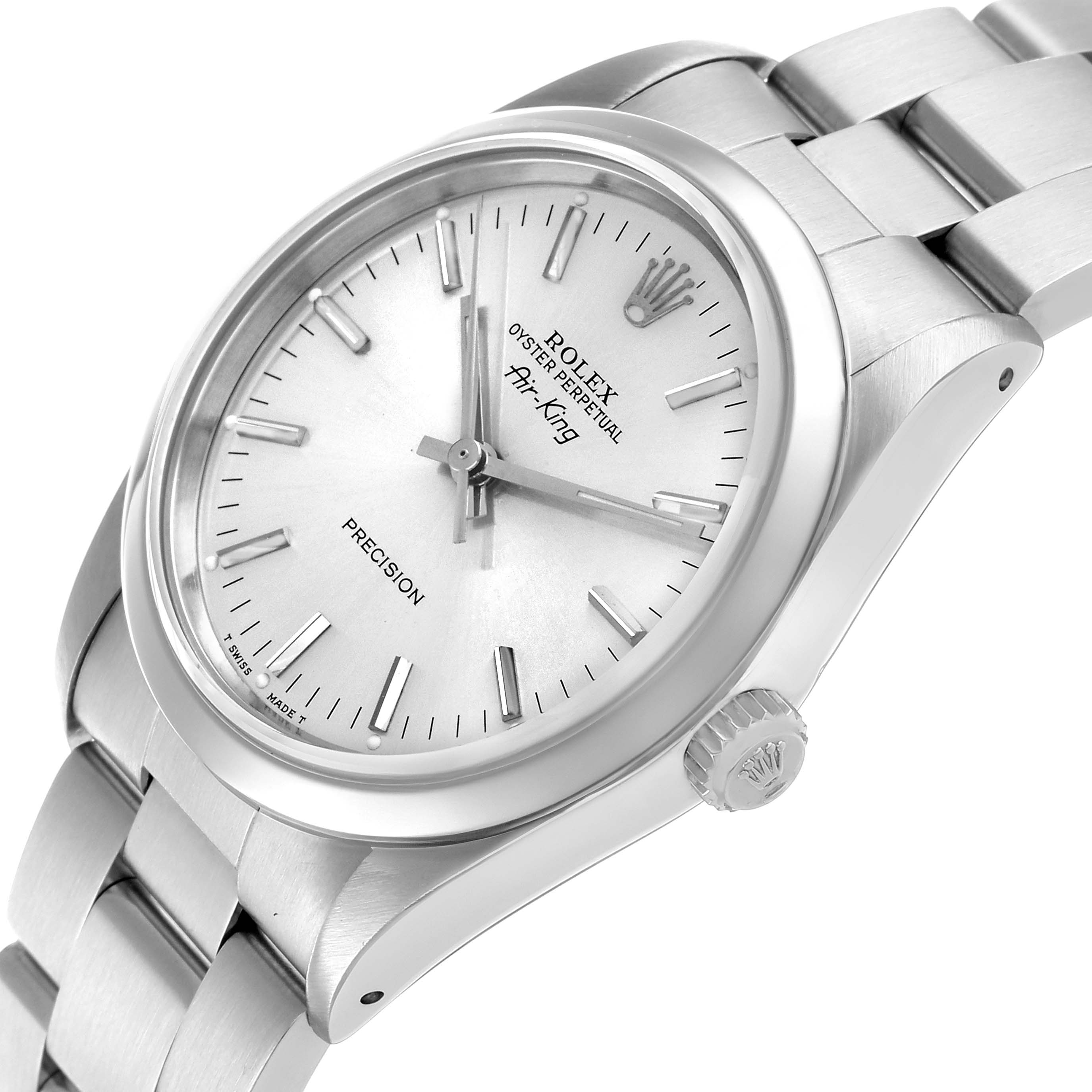 The Rolex Air-King 14000 Men's Stainless Steel Silver Dial watch is shown at a slight angle, highlighting the dial, bezel, crown, and part of the bracelet.