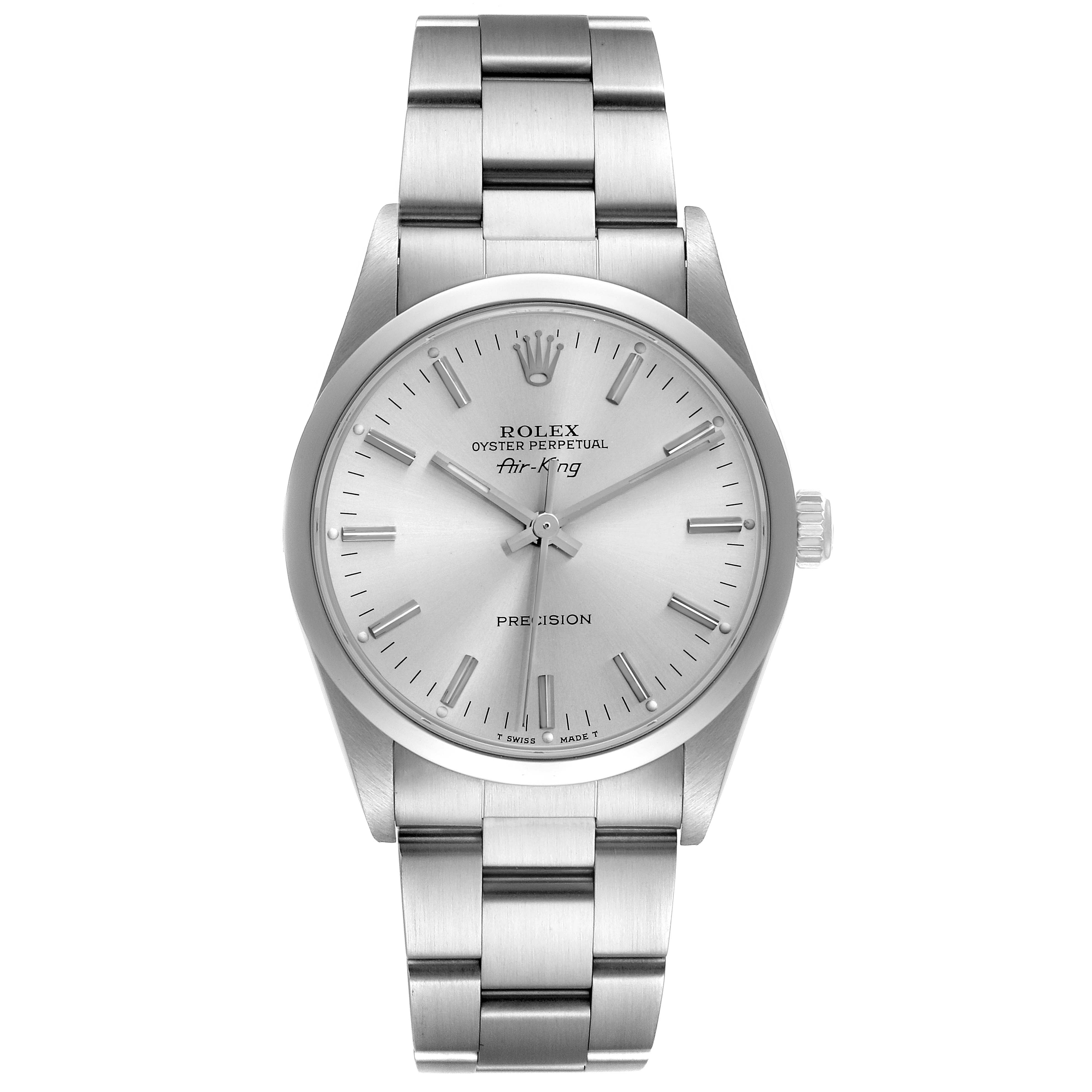 The Rolex Air-King 14000 Men's Stainless Steel Silver Dial watch is shown from a front angle, displaying the face, case, and part of the bracelet.
