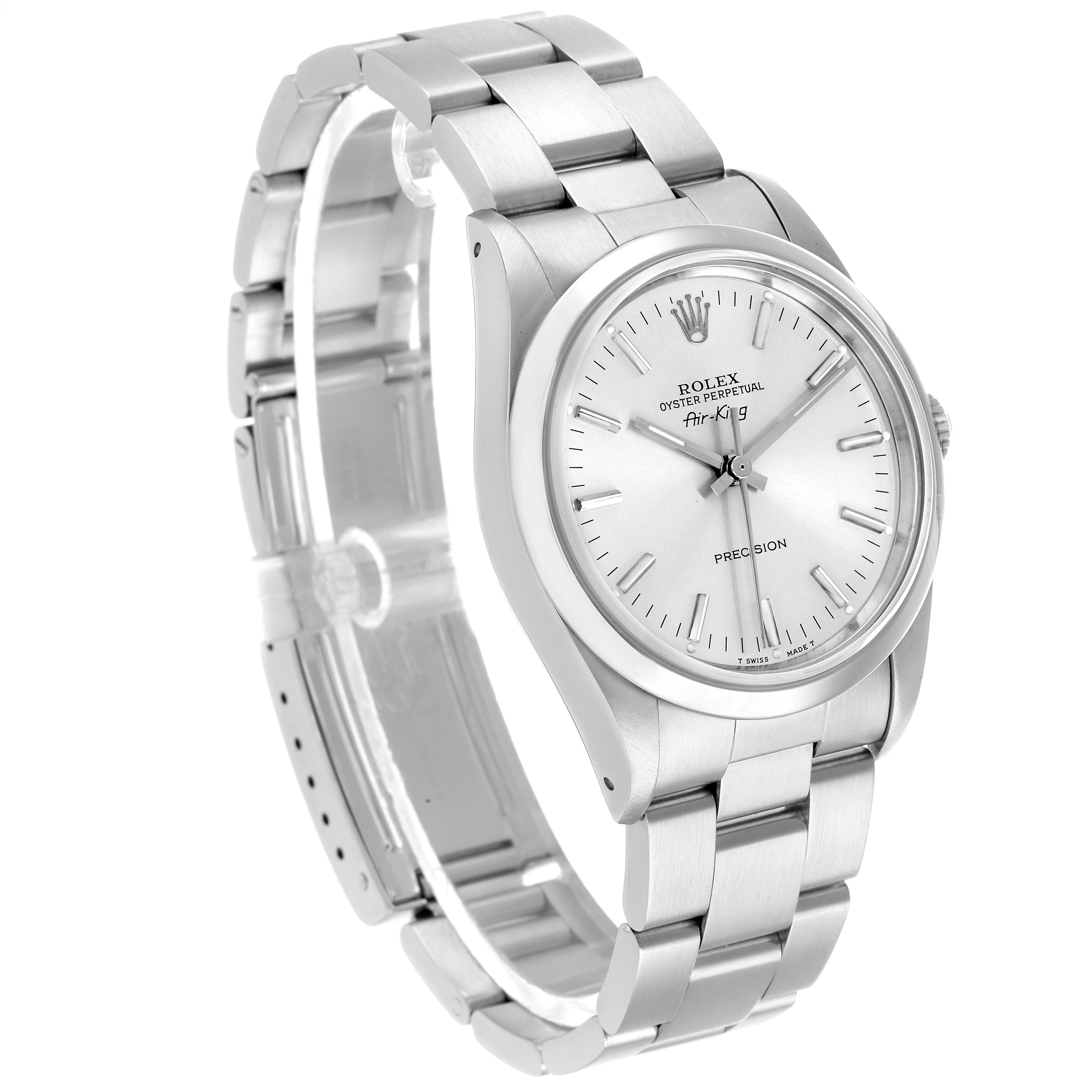 The Rolex Air-King 14000 Men's Stainless Steel Silver Dial watch is shown at a three-quarter angle, displaying the face, bezel, bracelet, and crown.