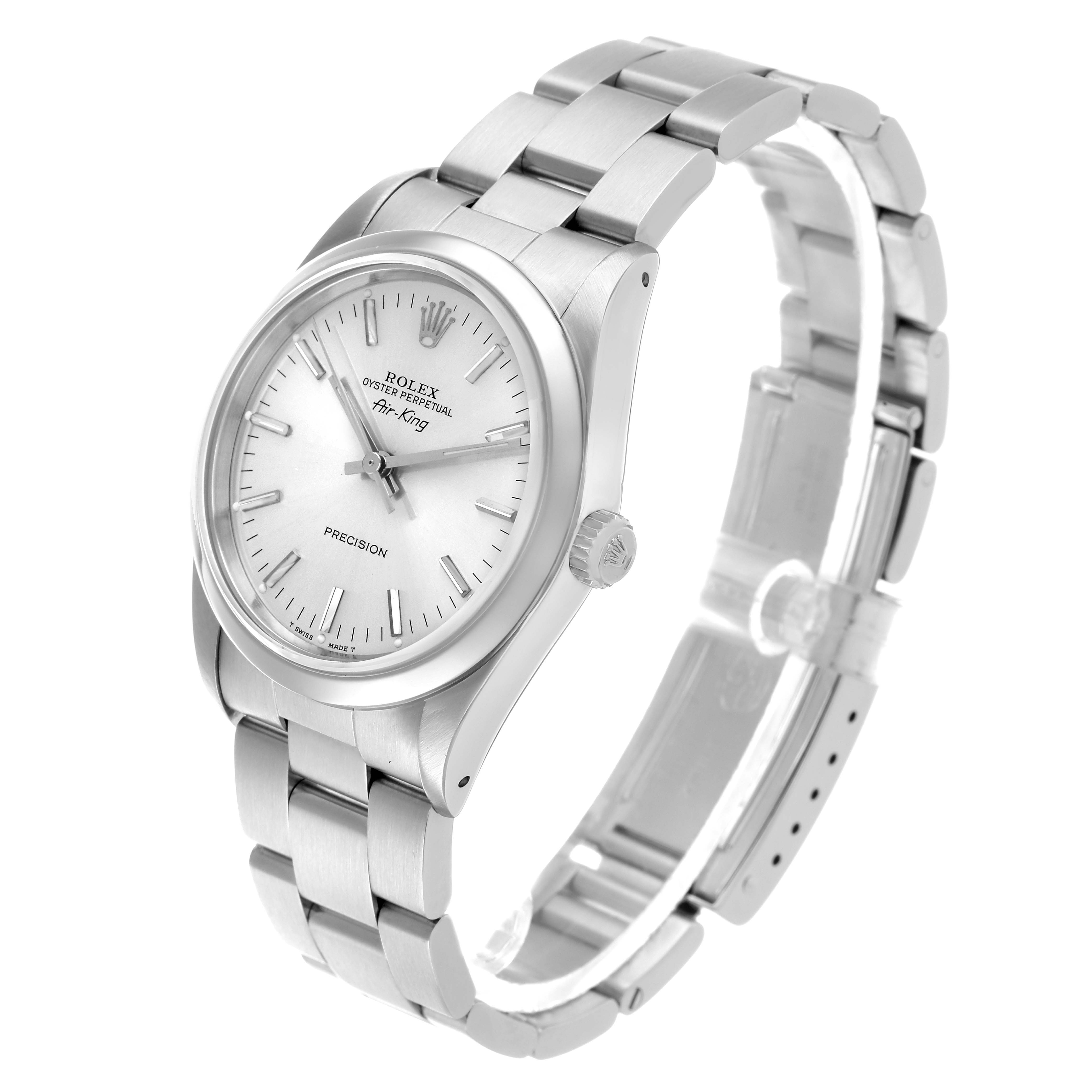 The Rolex Air-King 14000 Men's Stainless Steel Silver Dial watch is shown at a 3/4 angle, displaying the face, case, crown, and bracelet.