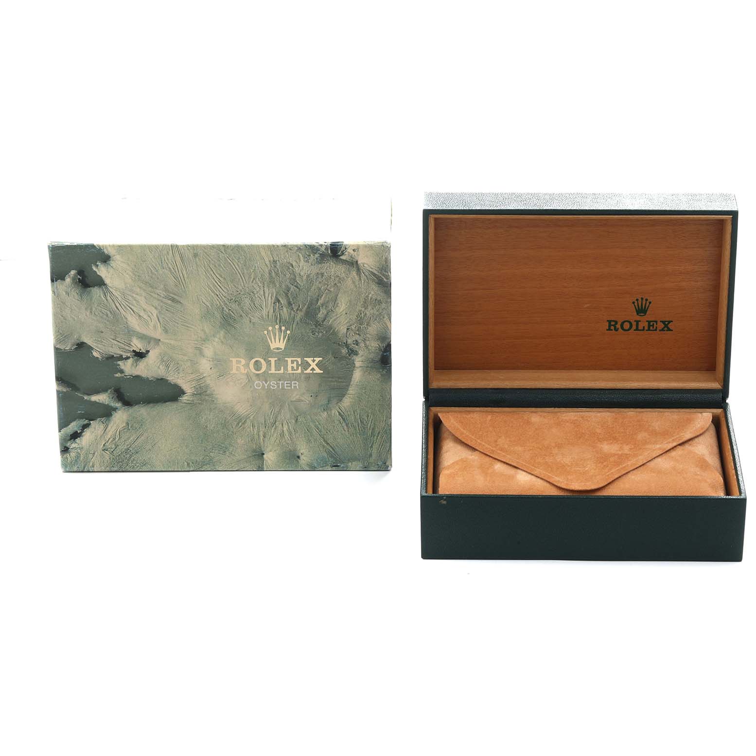 The image shows a Rolex Air-King 14000 Men's Stainless Steel Silver Dial watch box and suede pouch at eye level.