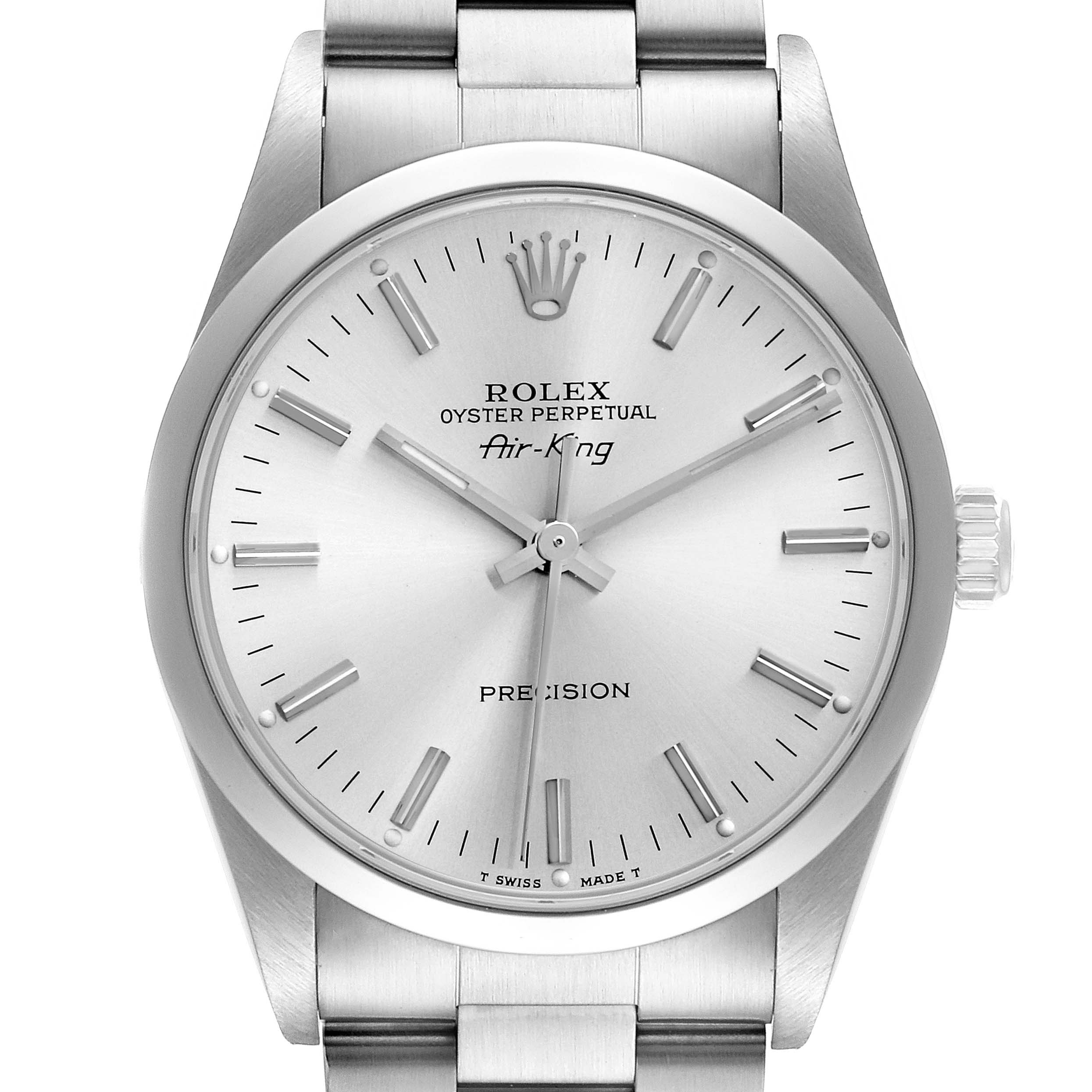 The Rolex Air-King 14000 Men's Stainless Steel Silver Dial watch is shown from a top-down angle, displaying the dial, hands, markers, crown, and part of the bracelet.
