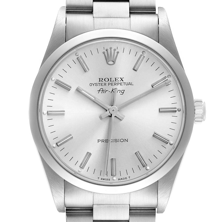 The Rolex Air-King 14000 Men's Stainless Steel Silver Dial watch is shown from a top-down angle, displaying the dial, hands, markers, crown, and part of the bracelet.
