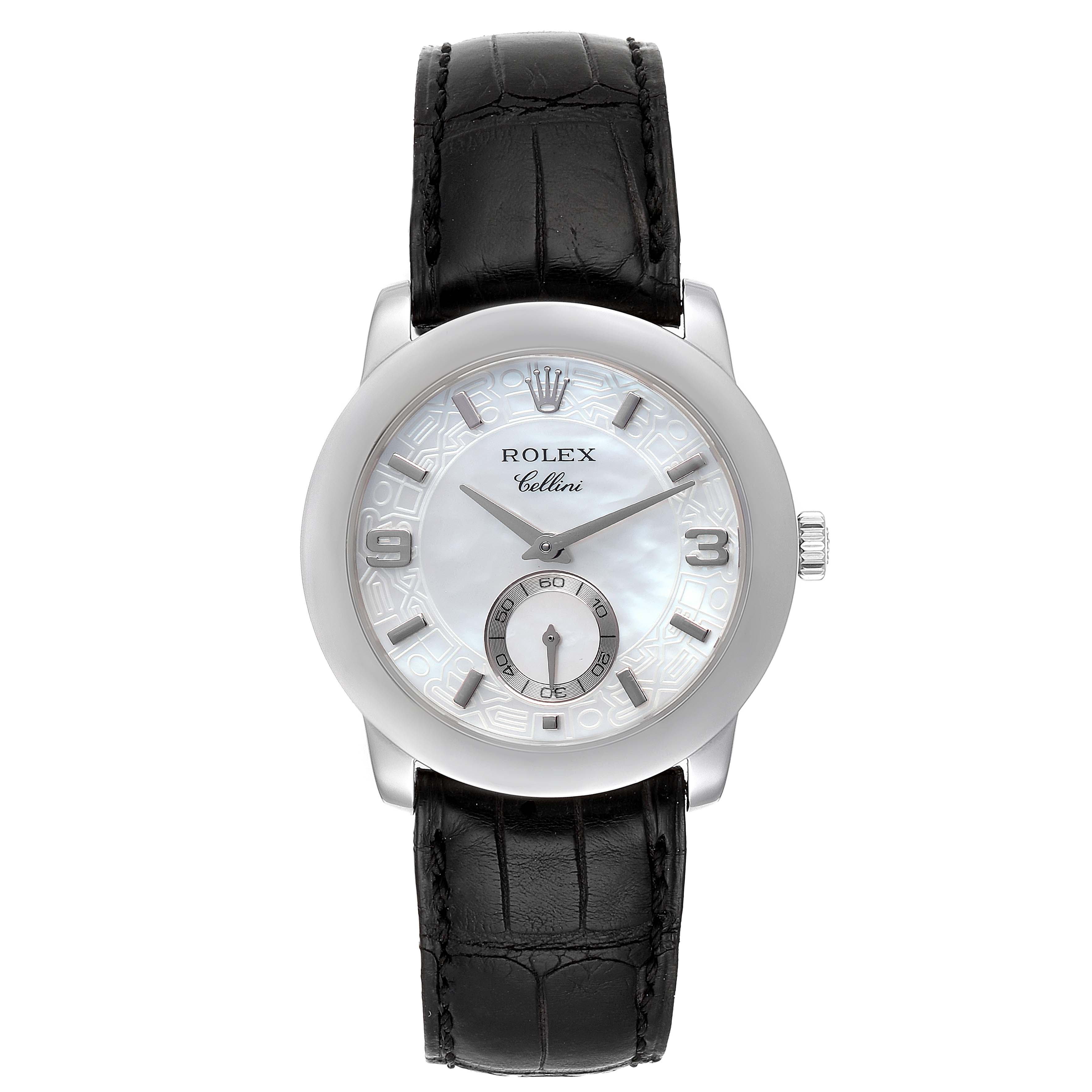 The image shows a front view of a Rolex Cellini 5240 Men's Platinum Mother of Pearl Dial 5240 Men's Platinum Mother of Pearl Dial watch featuring a black leather strap and a silver dial.