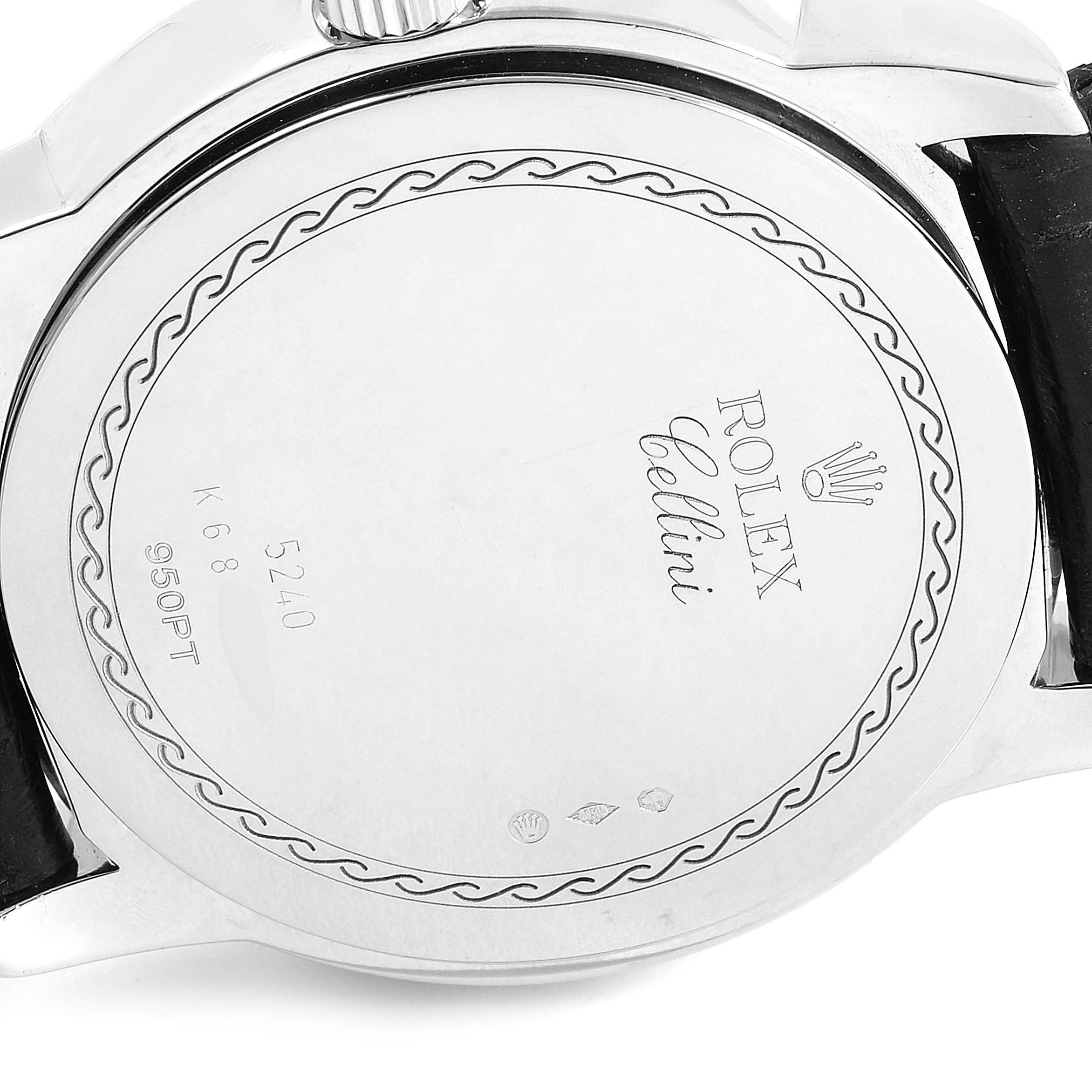 The image shows the back case of a Rolex Cellini 5240 Men's Platinum Mother of Pearl Dial 5240 Men's Platinum Mother of Pearl Dial watch, featuring engravings and part of the strap.