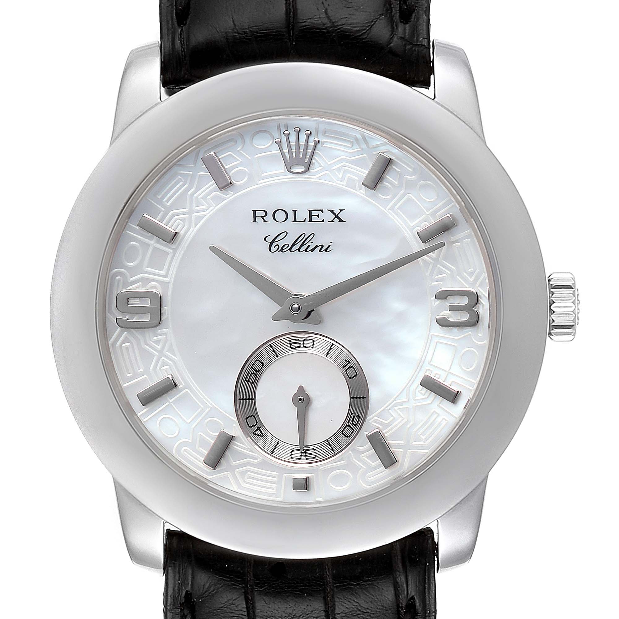 The Rolex Cellini 5240 Men's Platinum Mother of Pearl Dial 5240 Men's Platinum Mother of Pearl Dial watch is shown from a front angle, highlighting the dial, bezel, crown, and leather strap.