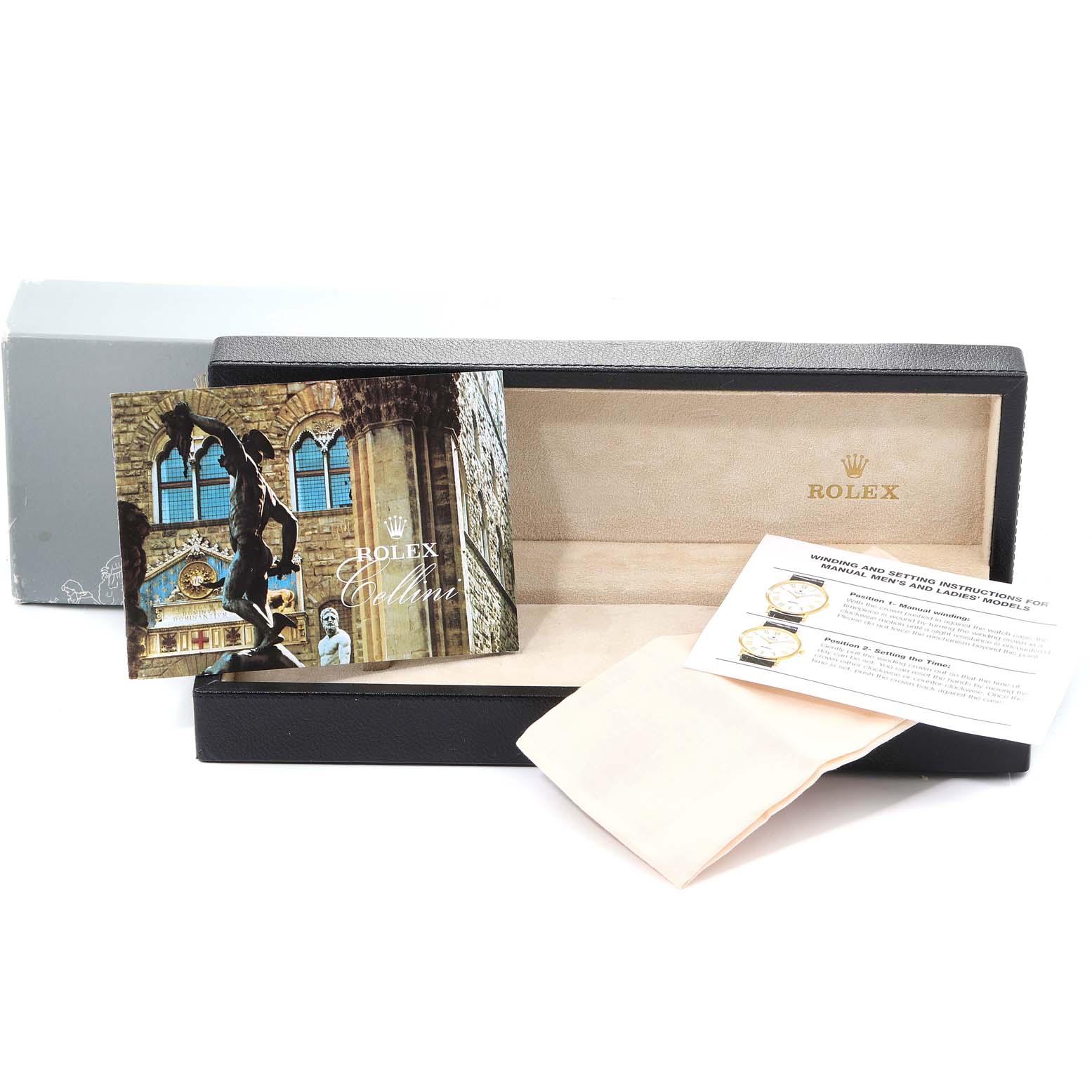 The image shows the packaging, manual, and accessories for a Rolex Cellini 5240 Men's Platinum Mother of Pearl Dial 5240 Men's Platinum Mother of Pearl Dial watch, including the box and booklets.