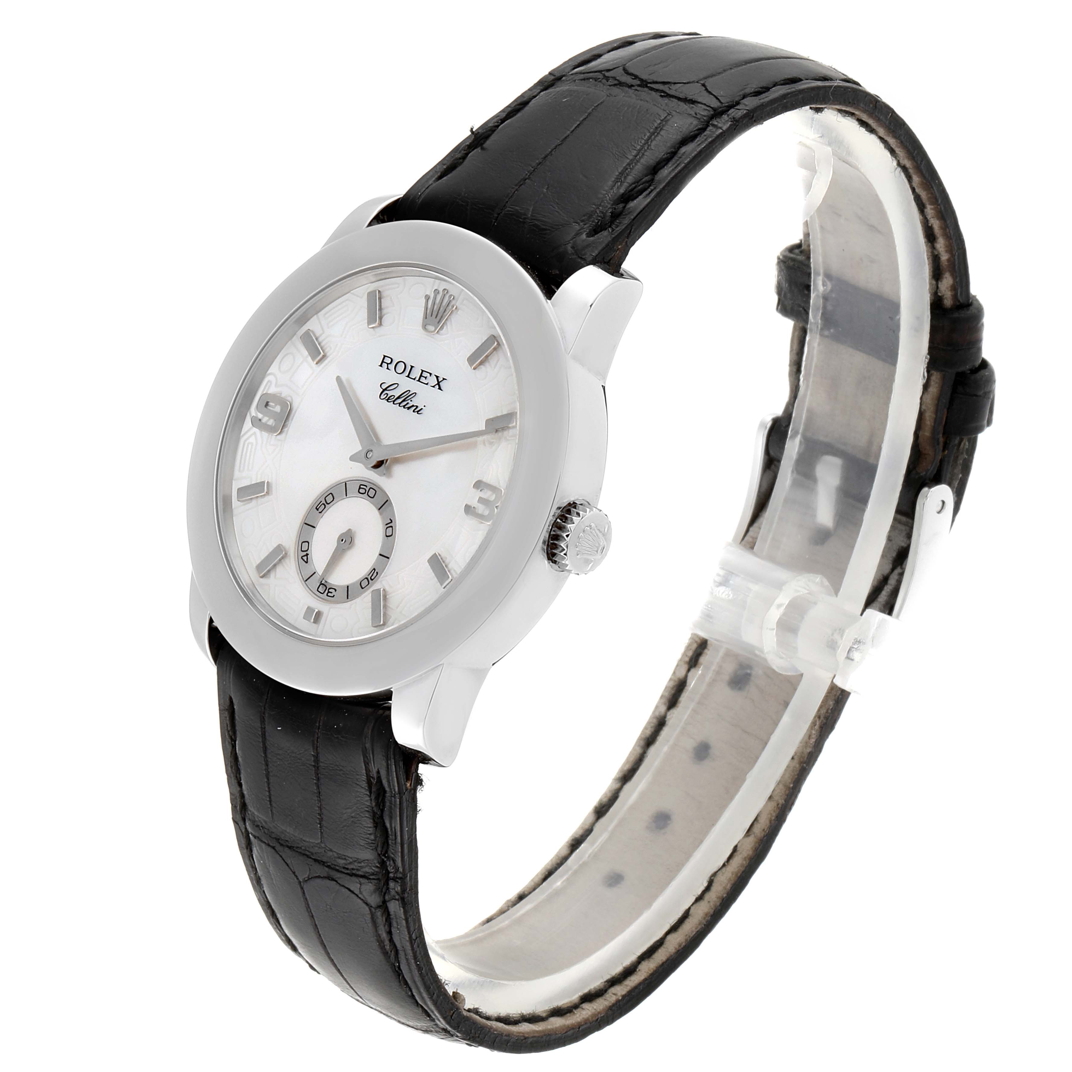The Rolex Cellini 5240 Men's Platinum Mother of Pearl Dial 5240 Men's Platinum Mother of Pearl Dial watch is shown at a 3/4 angle, displaying the face, crown, and black leather strap.
