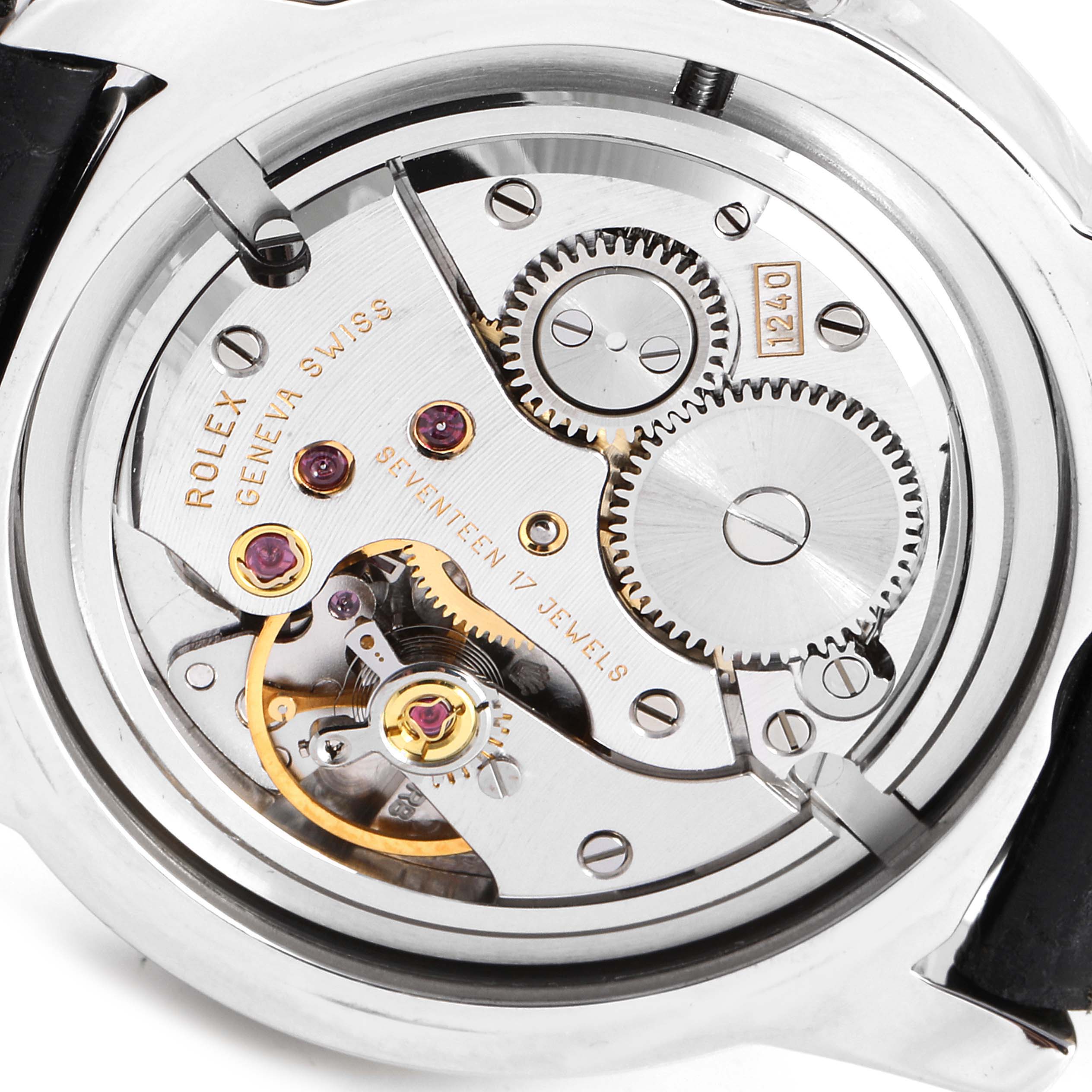 The image shows the movement and inner workings of a Rolex Cellini 5240 Men's Platinum Mother of Pearl Dial 5240 Men's Platinum Mother of Pearl Dial watch from the back with the case removed.