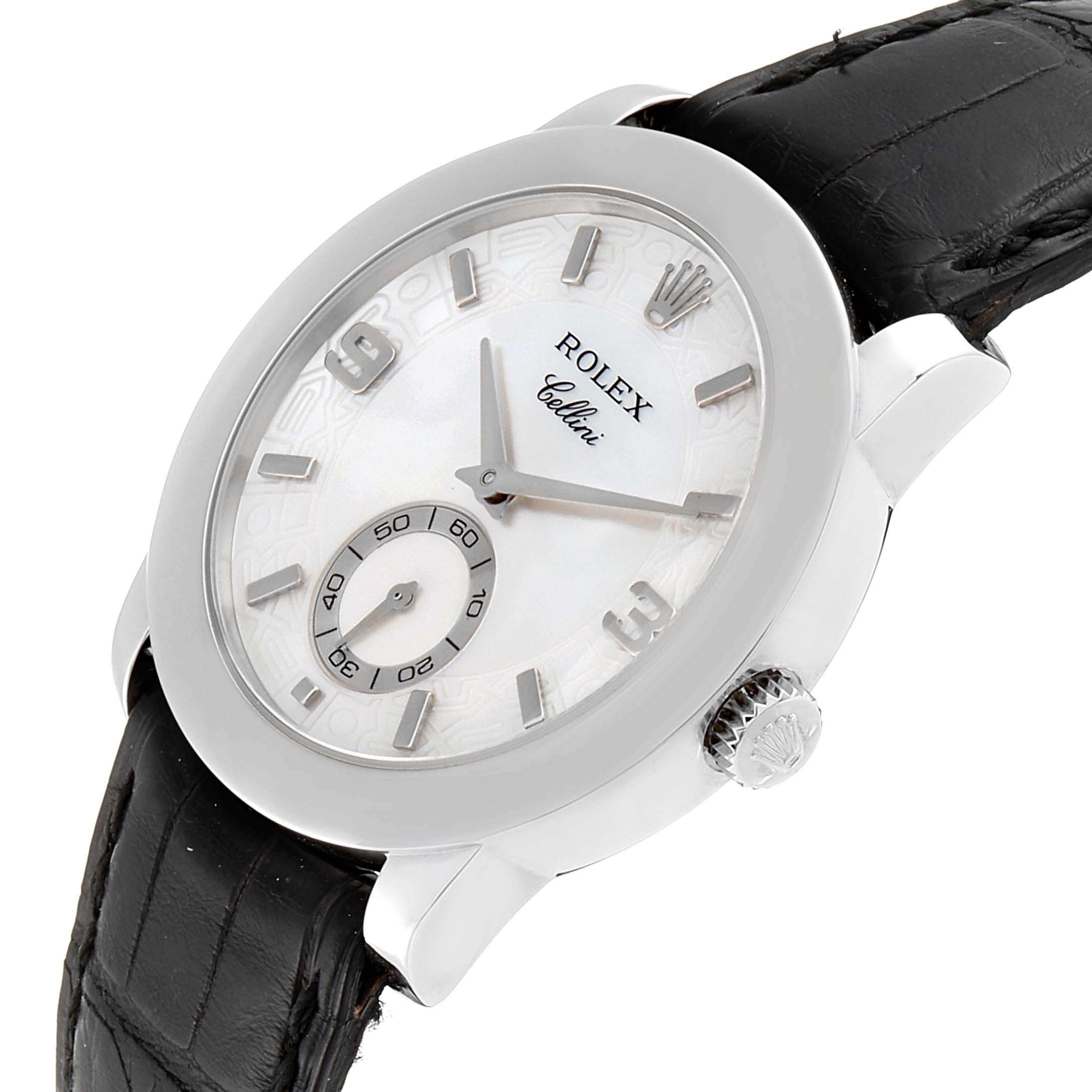 The image shows a Rolex Cellini 5240 Men's Platinum Mother of Pearl Dial 5240 Men's Platinum Mother of Pearl Dial watch angled to display the face, crown, and part of the black leather strap.