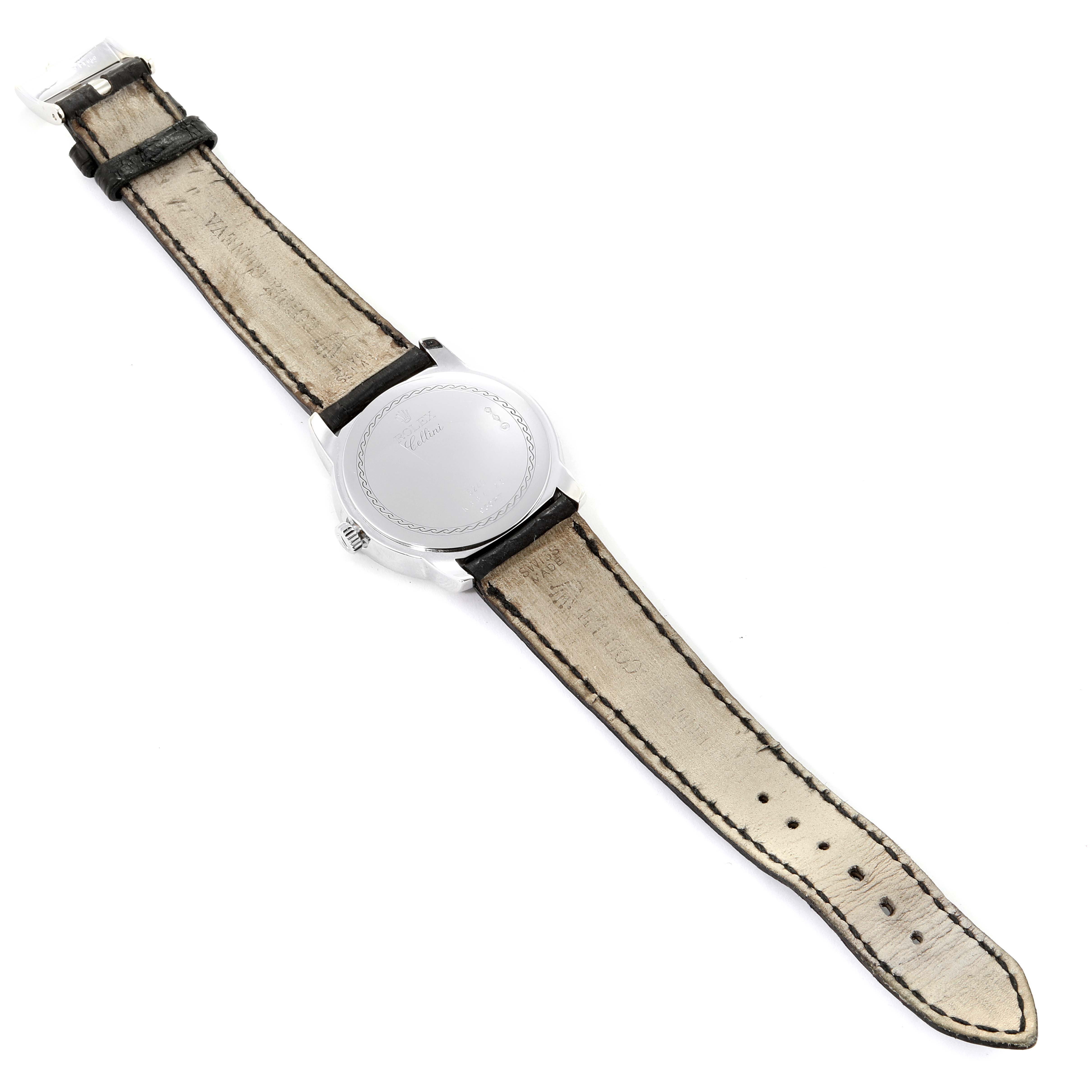 The image shows the back view of a Rolex Cellini 5240 Men's Platinum Mother of Pearl Dial 5240 Men's Platinum Mother of Pearl Dial watch, highlighting the case back and leather strap.