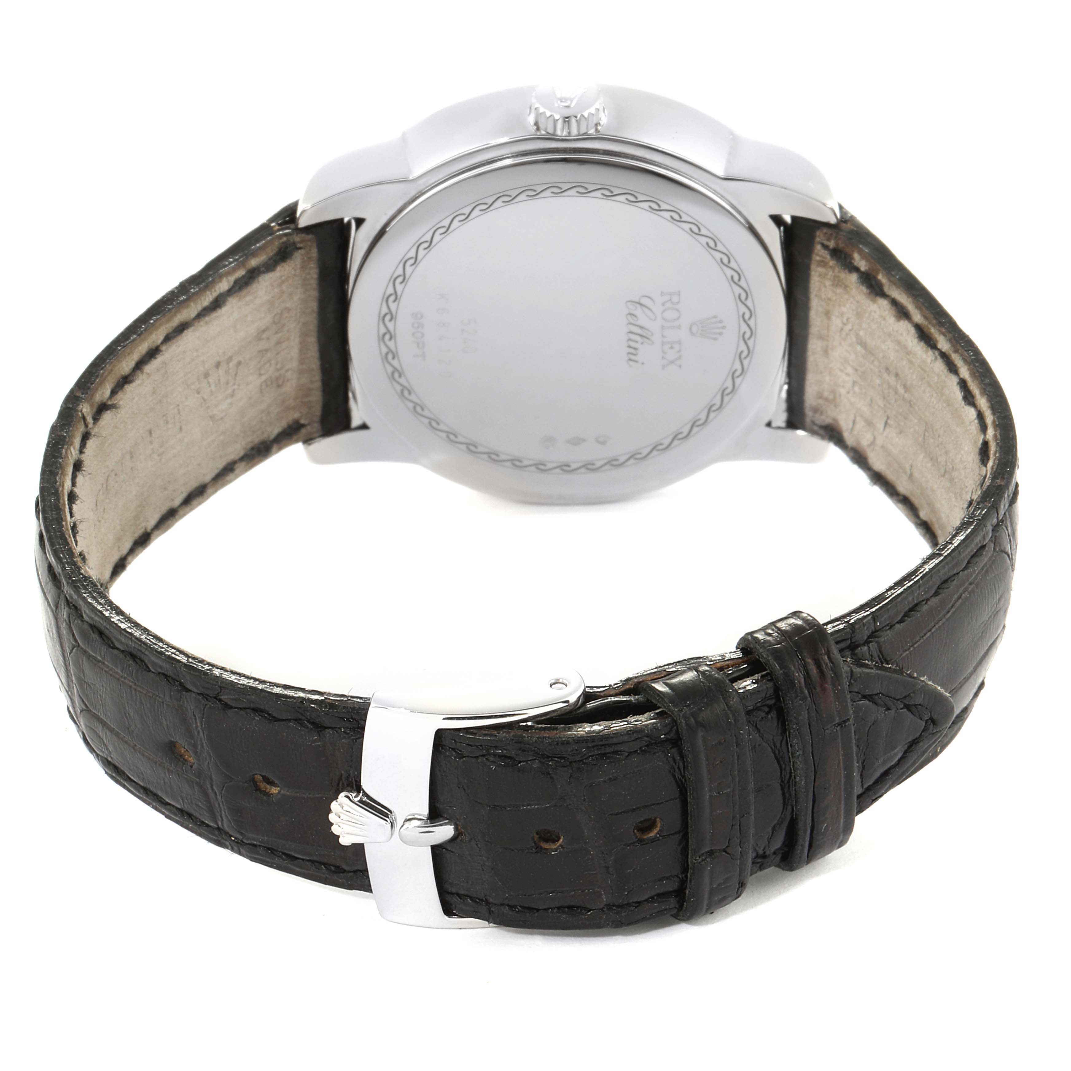 The image shows the back view of a Rolex Cellini 5240 Men's Platinum Mother of Pearl Dial 5240 Men's Platinum Mother of Pearl Dial watch with leather strap and buckle visible.