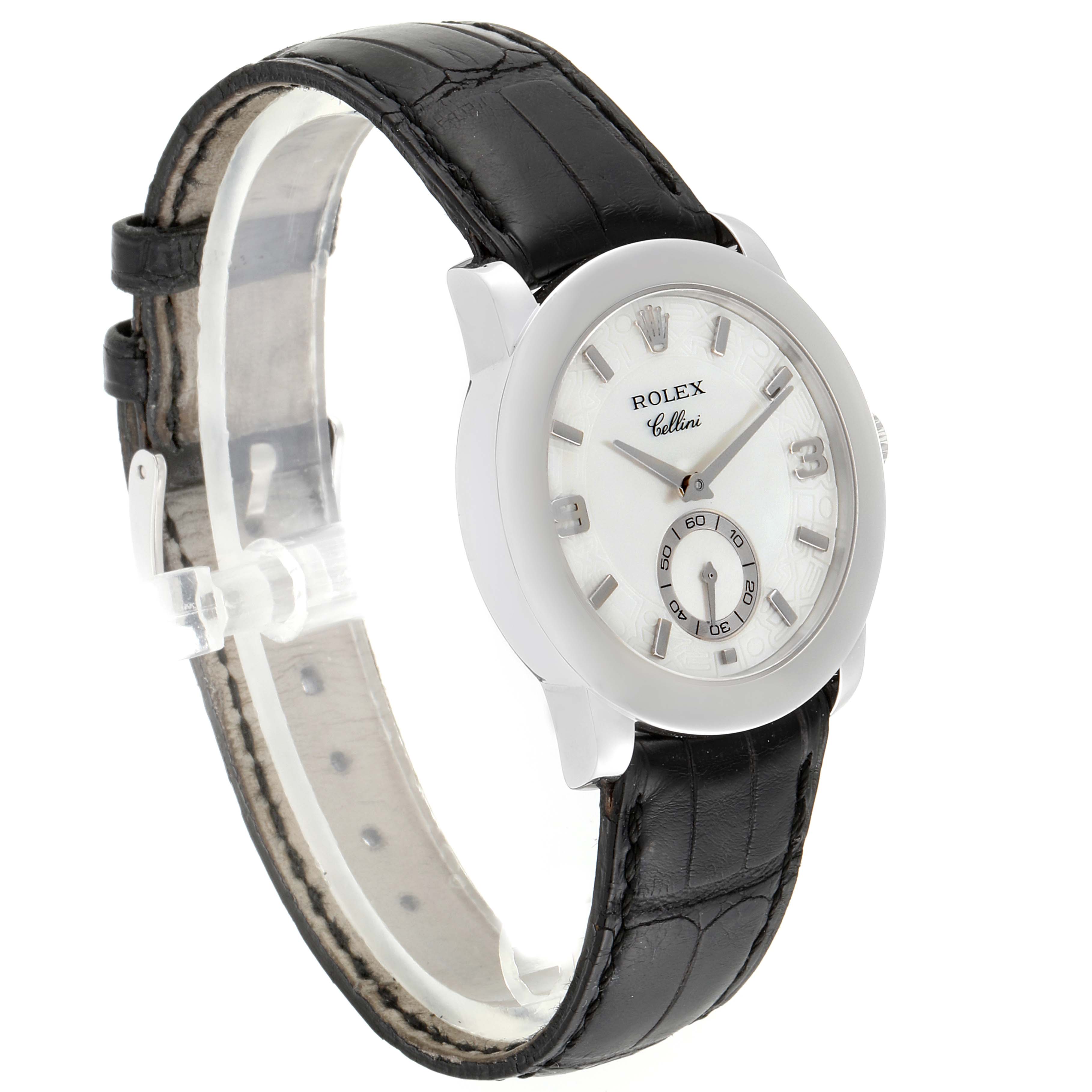 This image shows a side angle of the Rolex Cellini 5240 Men's Platinum Mother of Pearl Dial 5240 Men's Platinum Mother of Pearl Dial watch, highlighting its face, black leather strap, and side profile.