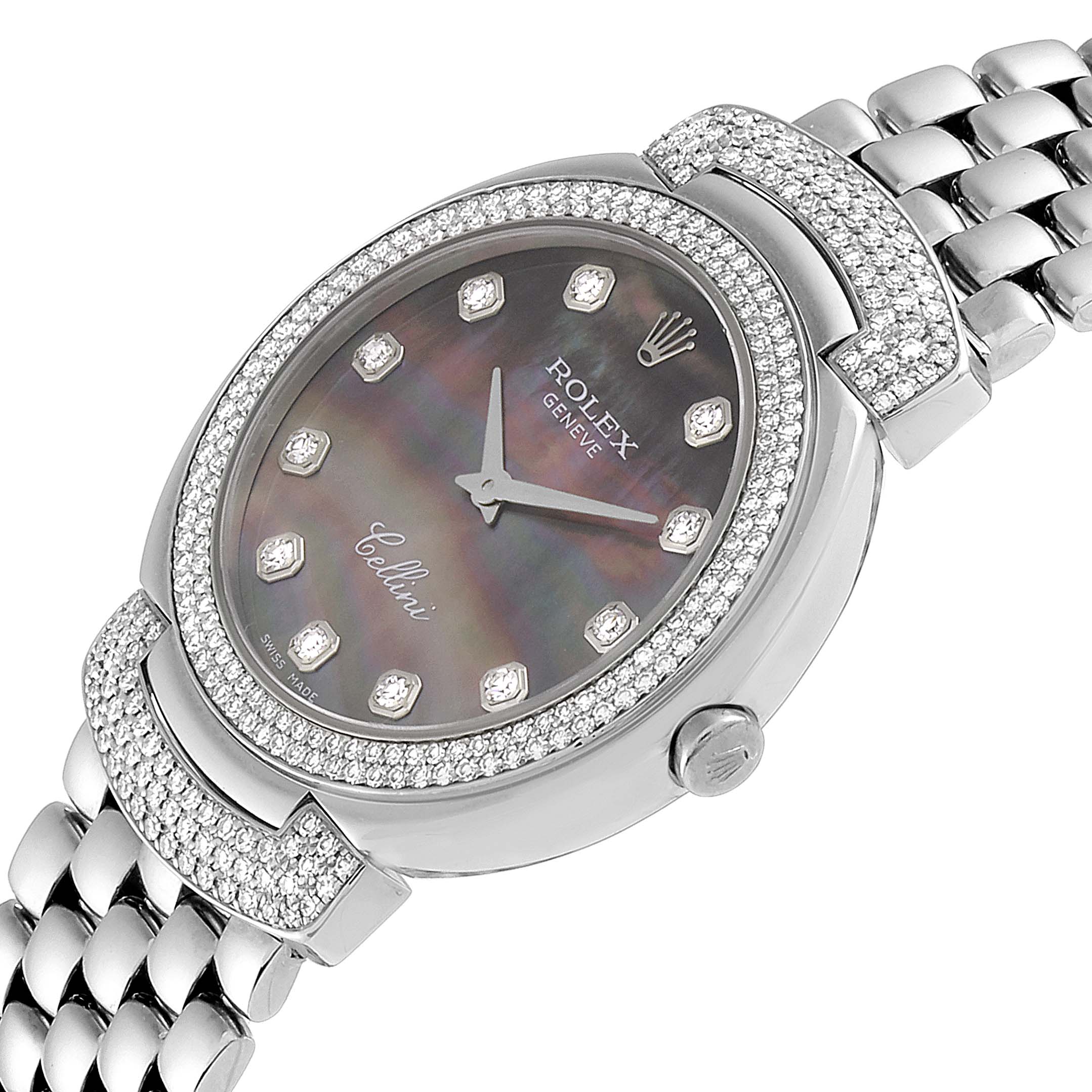 This image shows a close-up view of the Rolex Cellini 6683/9 Women's White Gold Mother of Pearl Dial 6683/9 Women's White Gold Mother of Pearl Dial watch, highlighting its dial, bezel, and part of the bracelet.