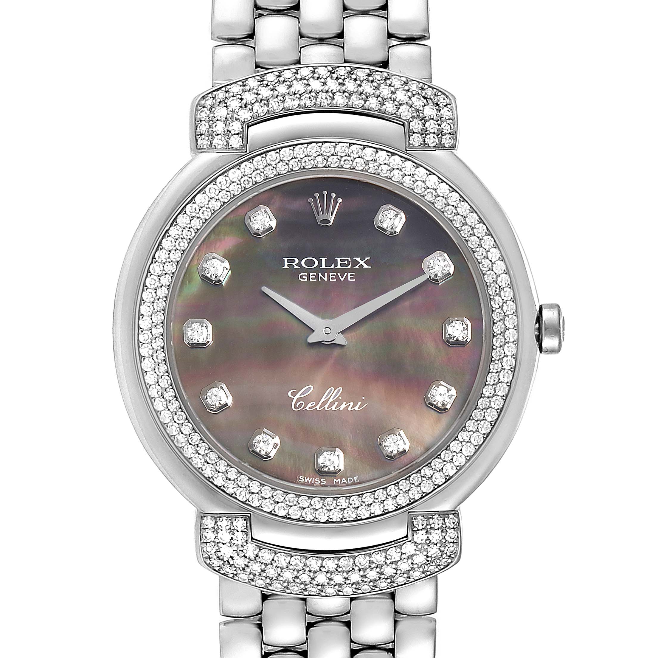 This Rolex Cellini 6683/9 Women's White Gold Mother of Pearl Dial 6683/9 Women's White Gold Mother of Pearl Dial watch is shown from a front angle, highlighting its face, bezel, and part of the bracelet.