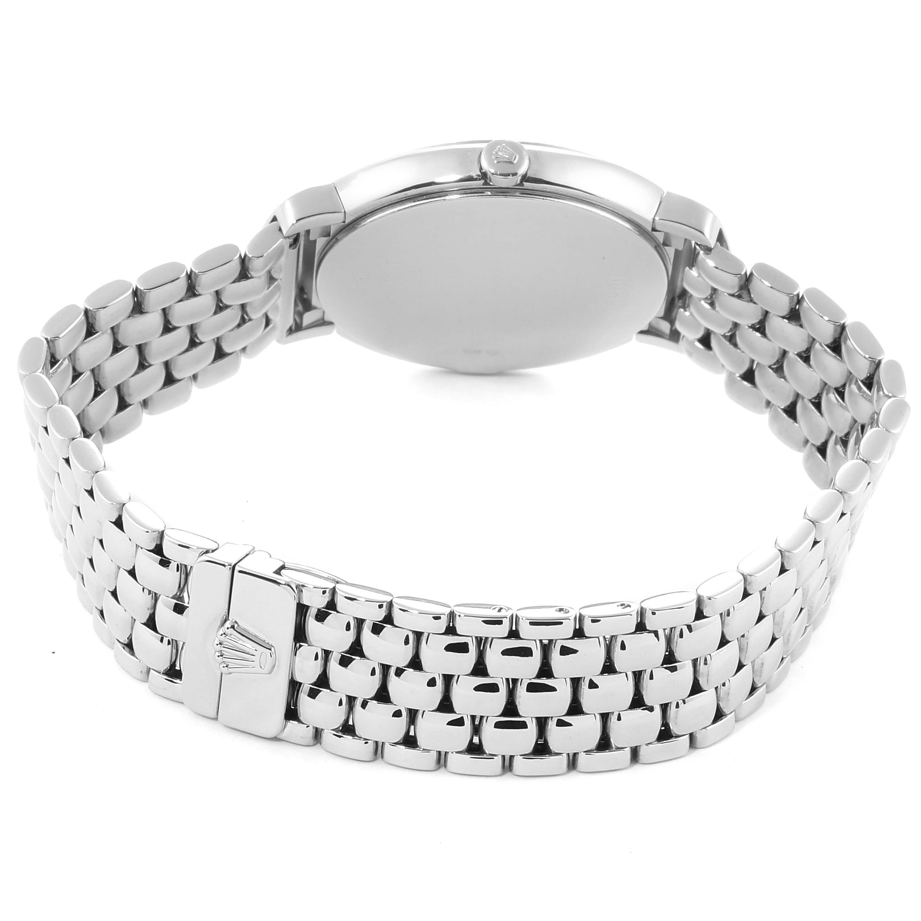 The image shows the back view of a Rolex Cellini 6683/9 Women's White Gold Mother of Pearl Dial 6683/9 Women's White Gold Mother of Pearl Dial watch, highlighting its metal bracelet and clasp.