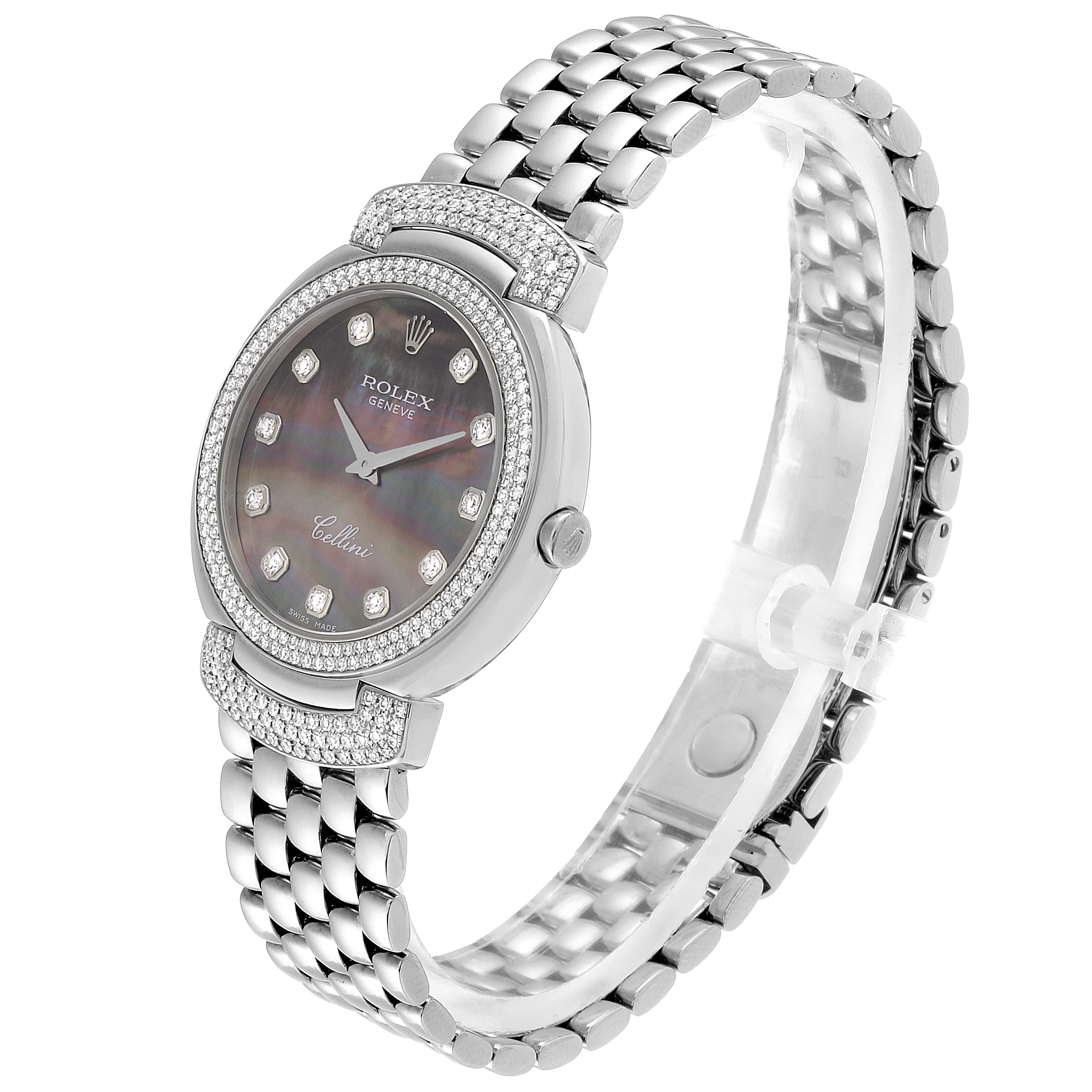 The Rolex Cellini 6683/9 Women's White Gold Mother of Pearl Dial 6683/9 Women's White Gold Mother of Pearl Dial watch is shown at a three-quarter angle, displaying the face, bezel, and bracelet.