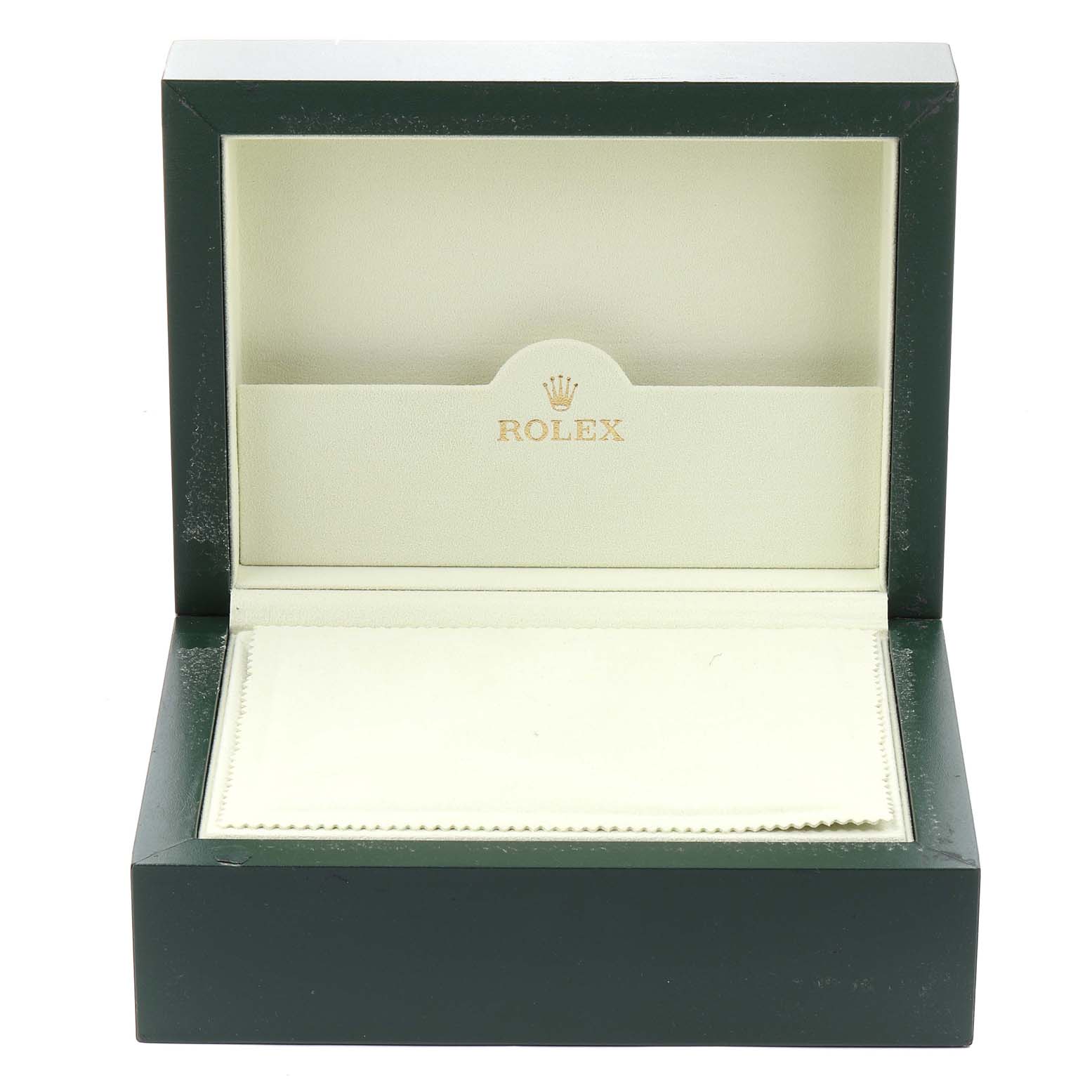 This image shows an open green Rolex Cellini 6683/9 Women's White Gold Mother of Pearl Dial 6683/9 Women's White Gold Mother of Pearl Dial watch box with a cloth inside.