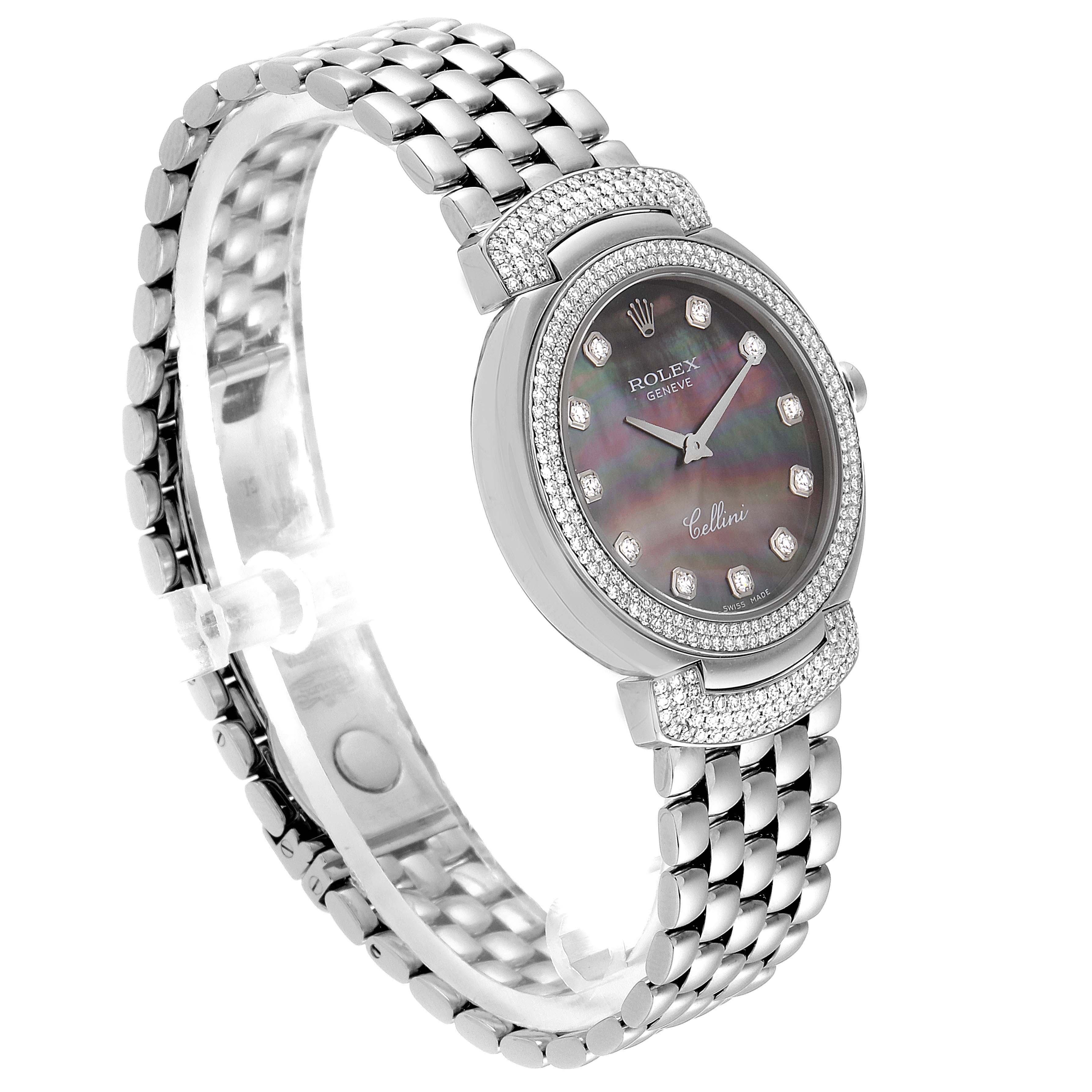The Rolex Cellini 6683/9 Women's White Gold Mother of Pearl Dial 6683/9 Women's White Gold Mother of Pearl Dial watch is shown at an angled side view, highlighting its face, dial, and bracelet.