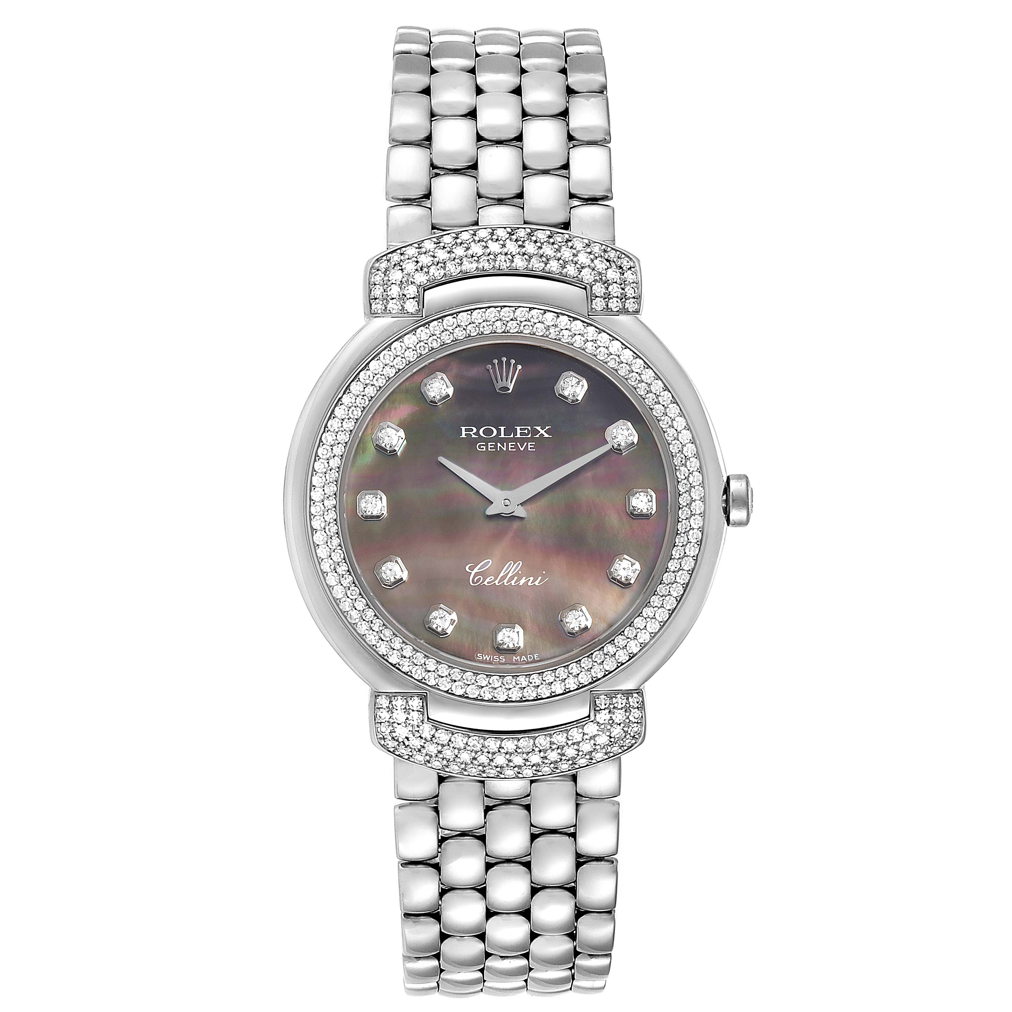 The Rolex Cellini 6683/9 Women's White Gold Mother of Pearl Dial 6683/9 Women's White Gold Mother of Pearl Dial watch is shown from a top-down angle, featuring its dial, bracelet, and adorned bezel.