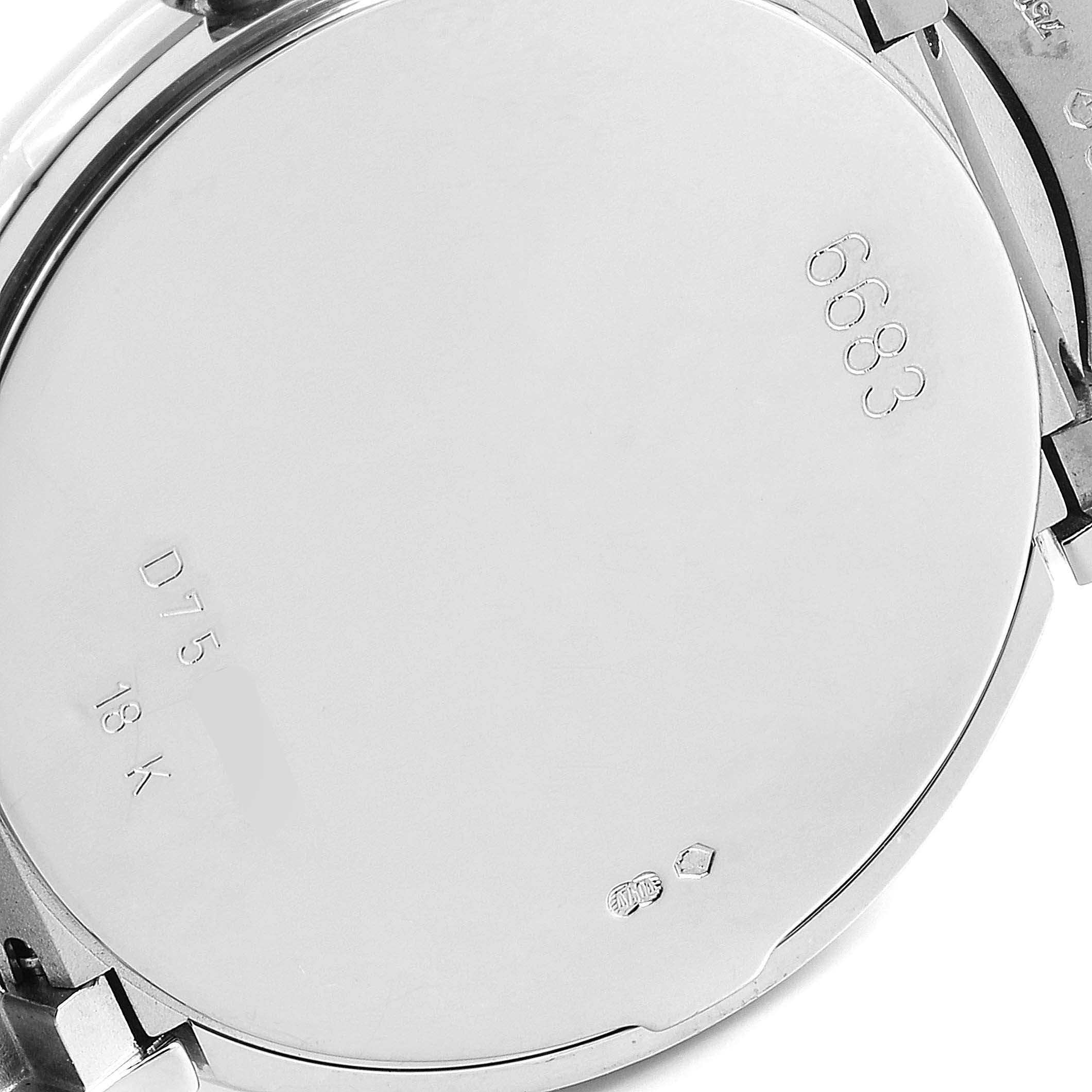 The image shows the back case of a Rolex Cellini 6683/9 Women's White Gold Mother of Pearl Dial 6683/9 Women's White Gold Mother of Pearl Dial watch, focusing on its engravings and markings.