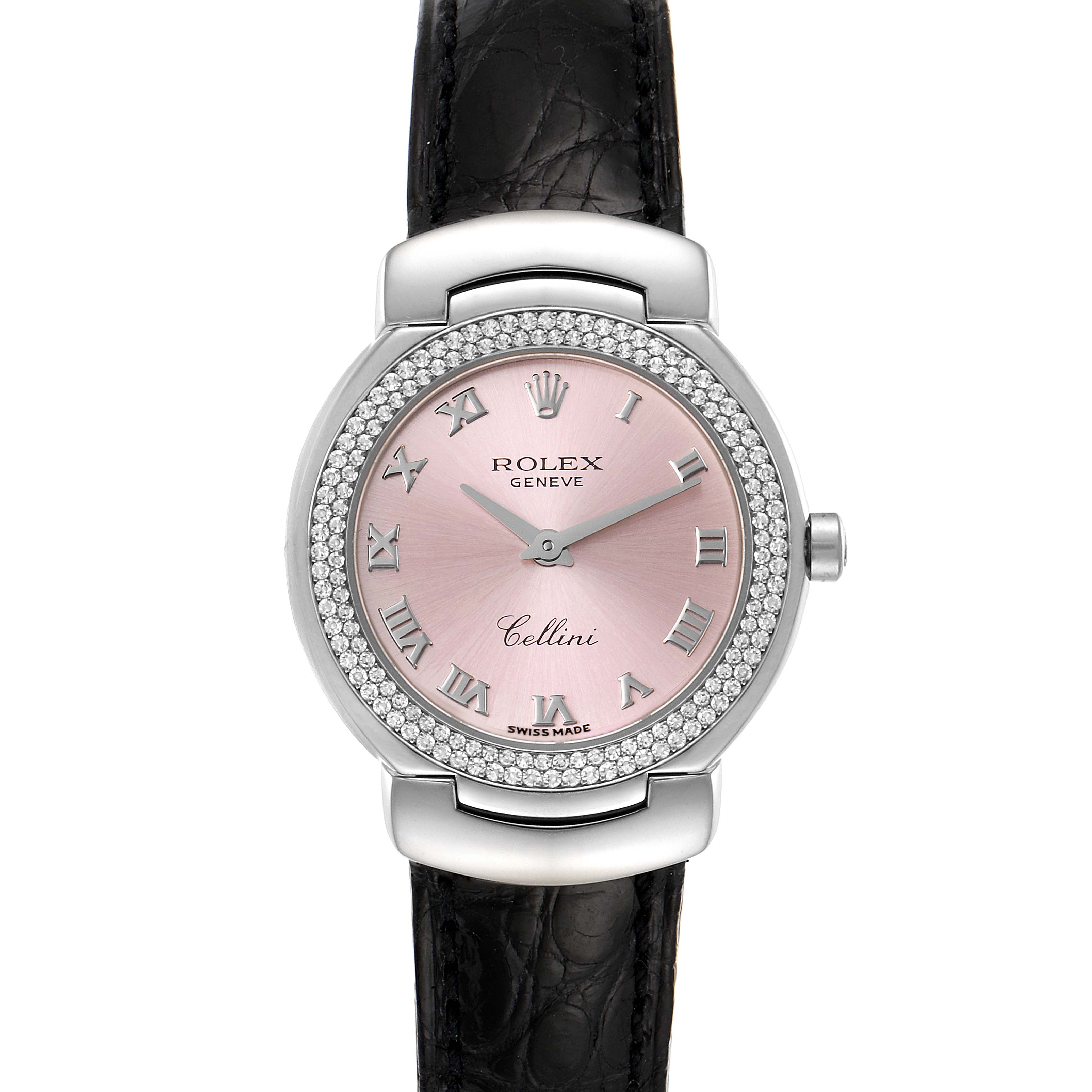 The Rolex Cellini 6671 Women's White Gold Pink Dial 6671 Women's White Gold Pink Dial watch is shown from a front angle, displaying the dial, bezel, and part of the leather strap.