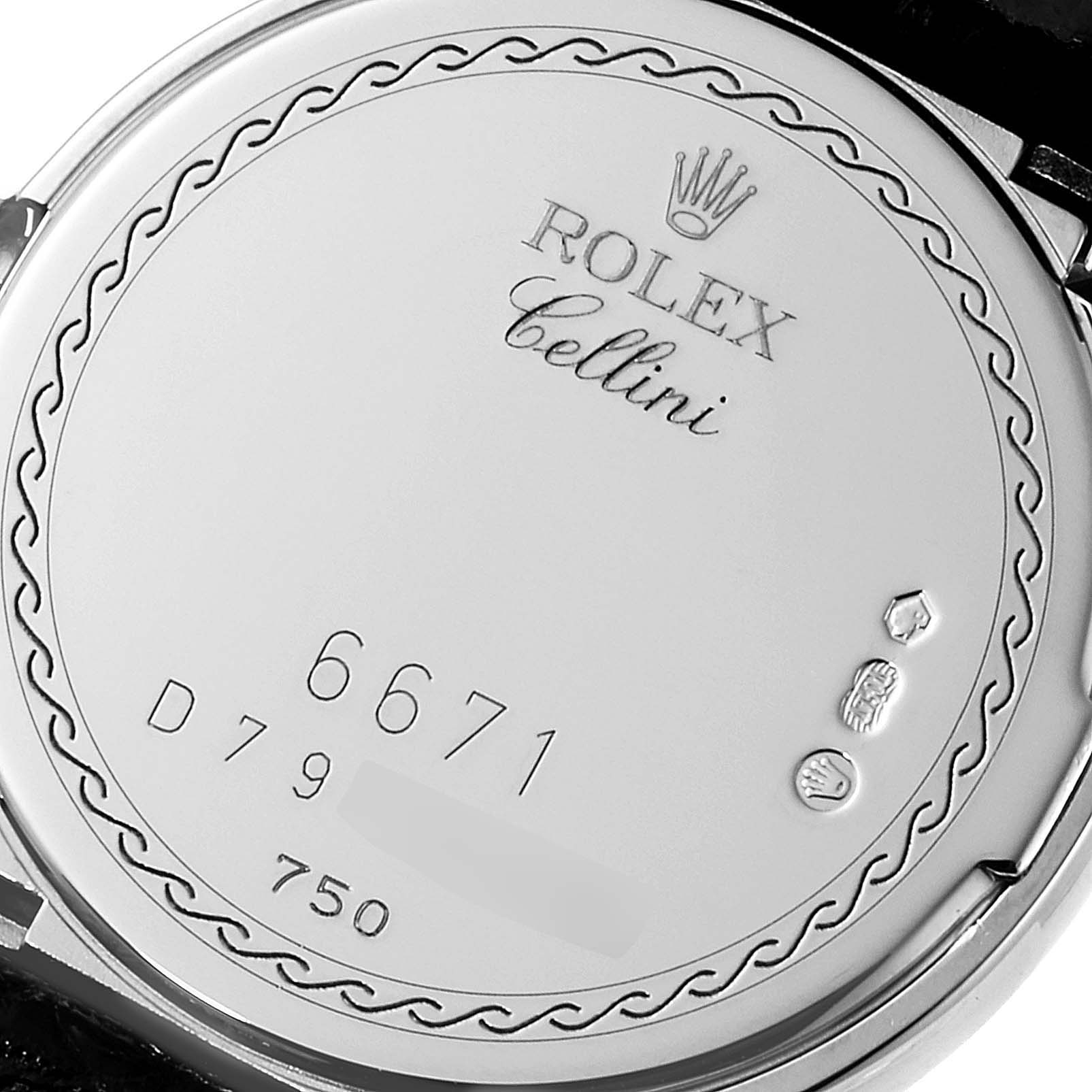The image shows the back casing of a Rolex Cellini 6671 Women's White Gold Pink Dial 6671 Women's White Gold Pink Dial watch, with engravings including the model number and hallmark symbols.