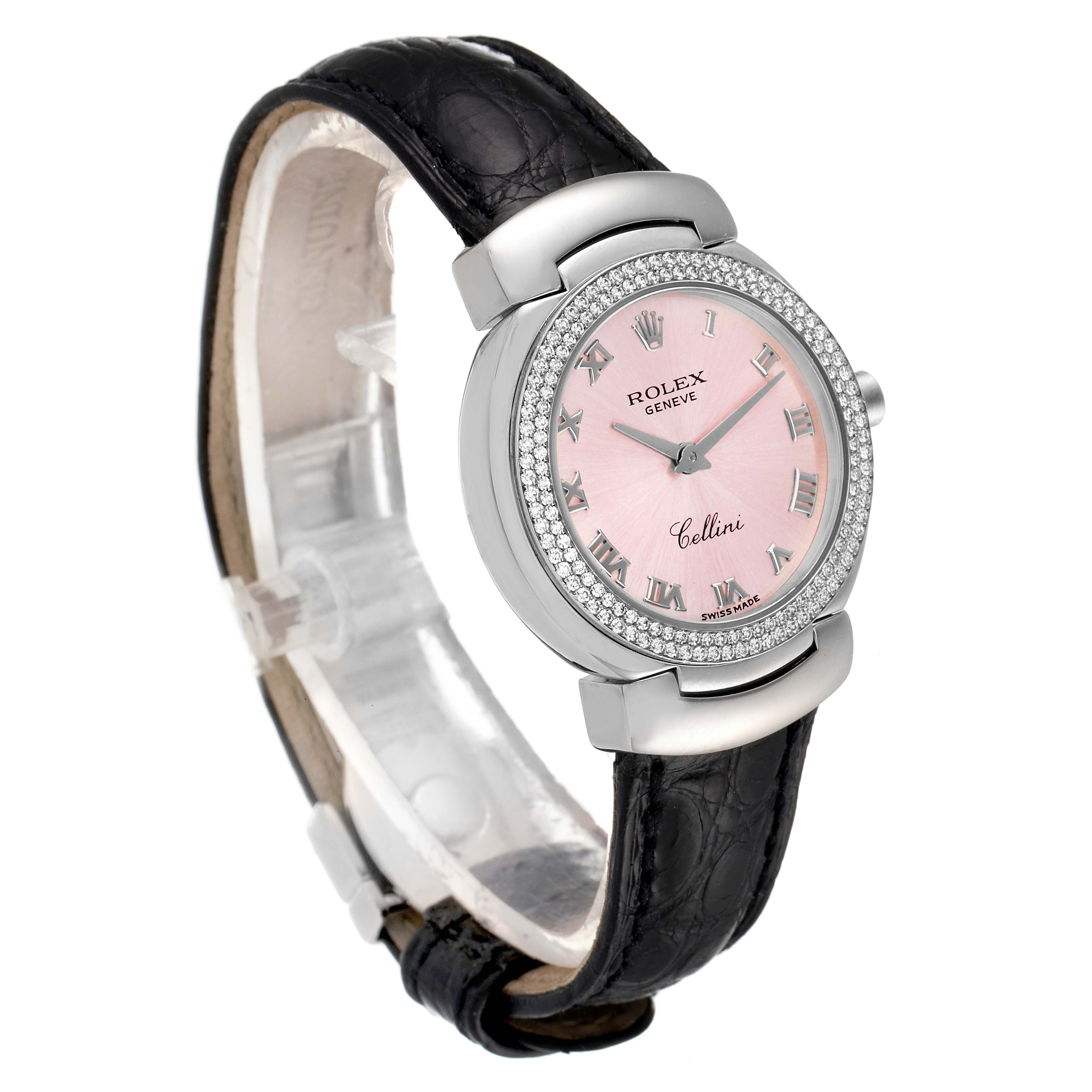 The Rolex Cellini 6671 Women's White Gold Pink Dial 6671 Women's White Gold Pink Dial watch is shown at a slight angle, displaying its pink dial, diamond bezel, and black leather strap.