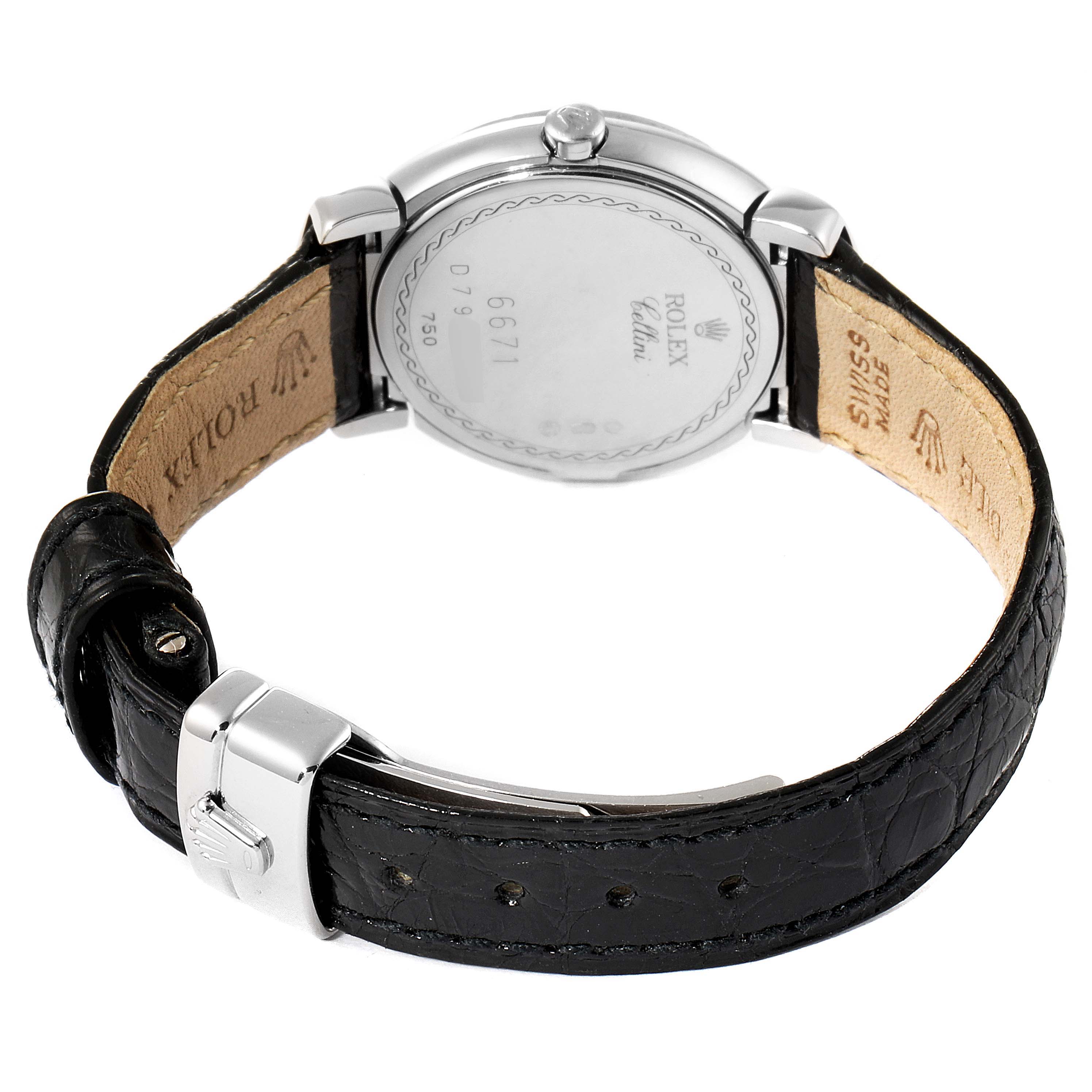 The image shows the back of a Rolex Cellini 6671 Women's White Gold Pink Dial 6671 Women's White Gold Pink Dial watch, including the case back and black leather strap with buckle.