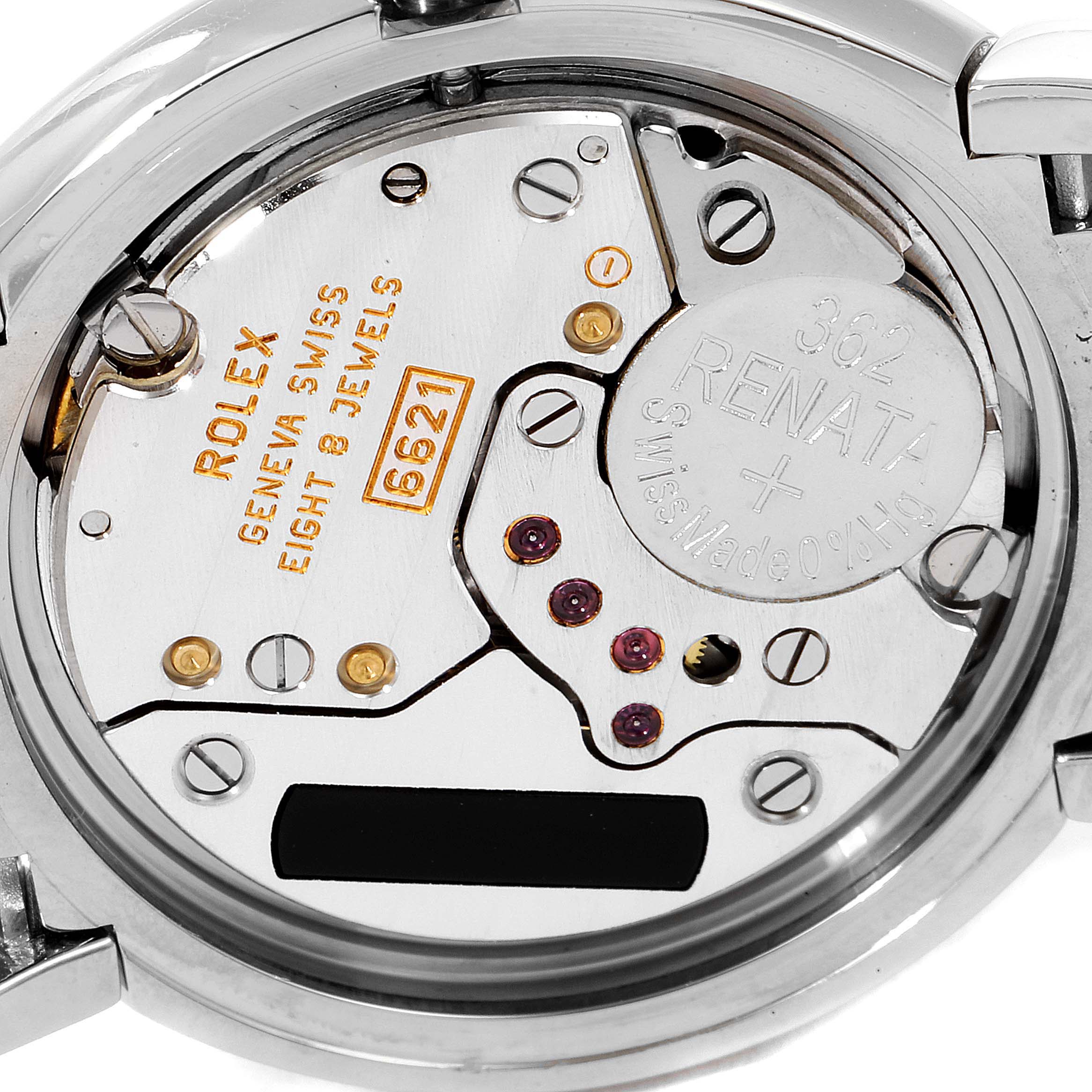 This is a close-up view of the movement and inside components of a Rolex Cellini 6671 Women's White Gold Pink Dial 6671 Women's White Gold Pink Dial model watch.