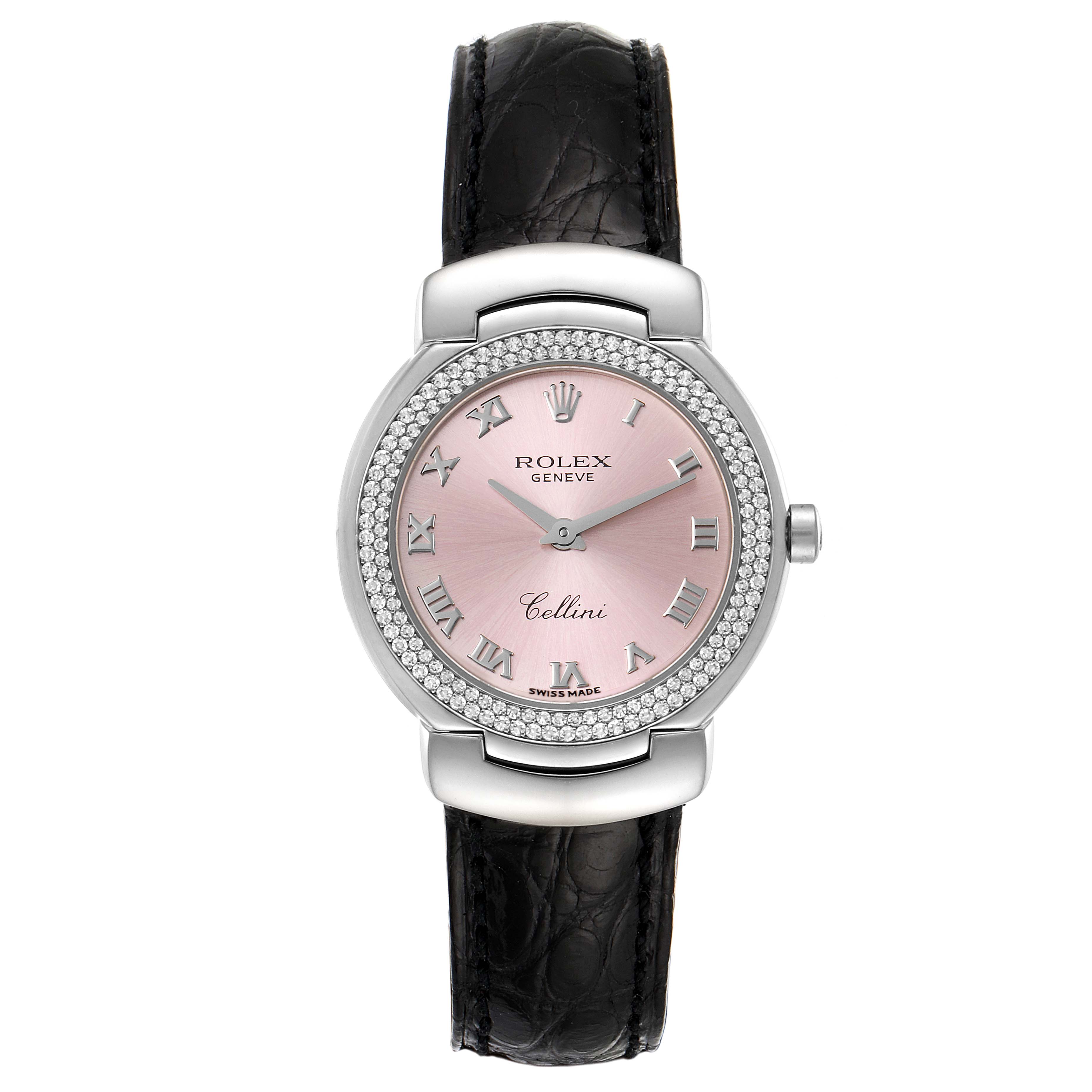 The Rolex Cellini 6671 Women's White Gold Pink Dial 6671 Women's White Gold Pink Dial watch is shown from a top-down angle, displaying the complete dial, bezel, and leather strap.
