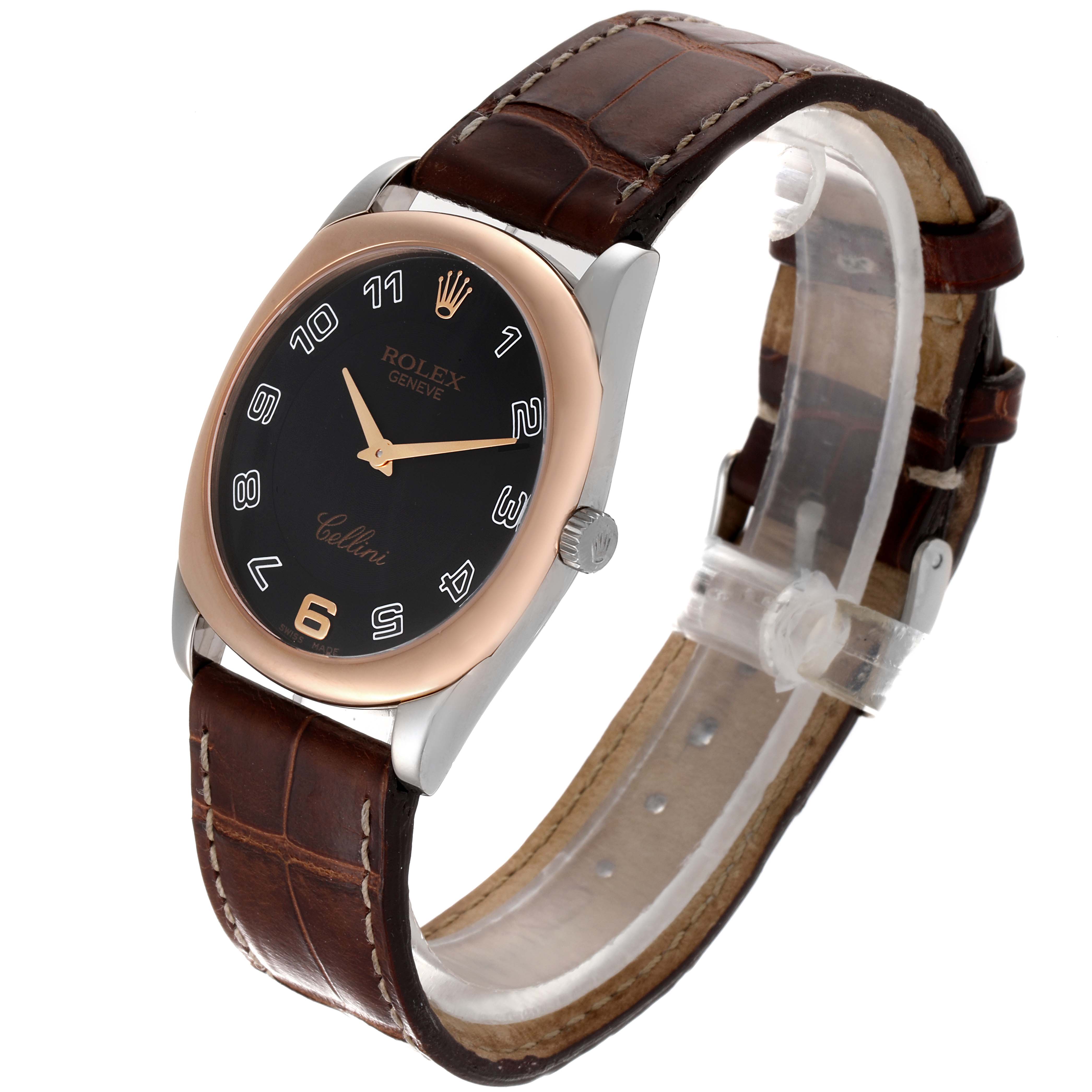 The Rolex Cellini 4233 Men's White Gold Black Dial 4233 Men's White Gold Black Dial watch is shown at a three-quarter angle, highlighting its brown leather strap, black dial, and rose gold bezel.