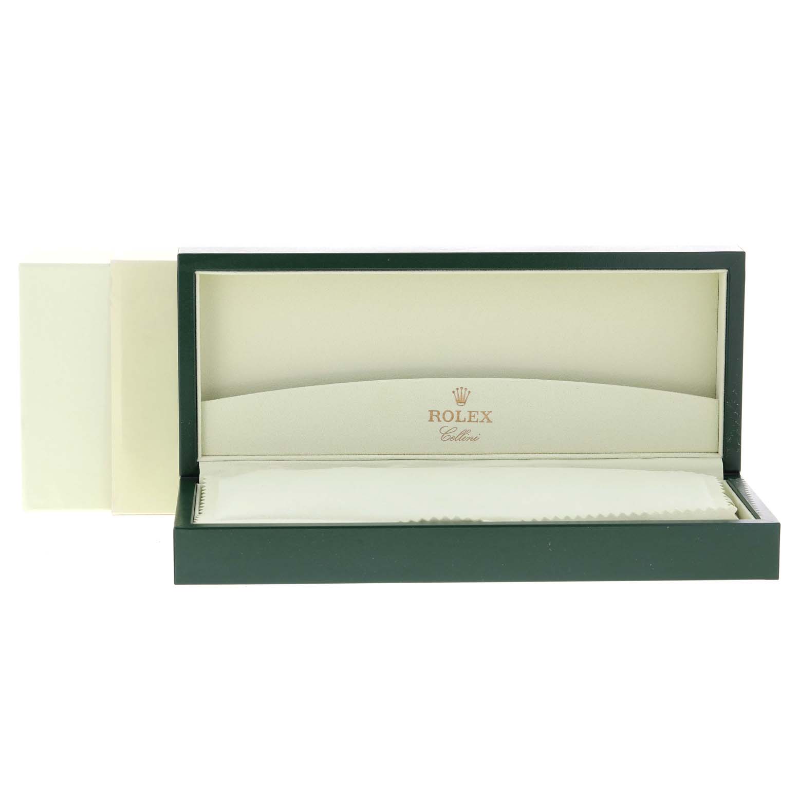 The image shows an open, empty Rolex Cellini 4233 Men's White Gold Black Dial 4233 Men's White Gold Black Dial watch box from a front angle.