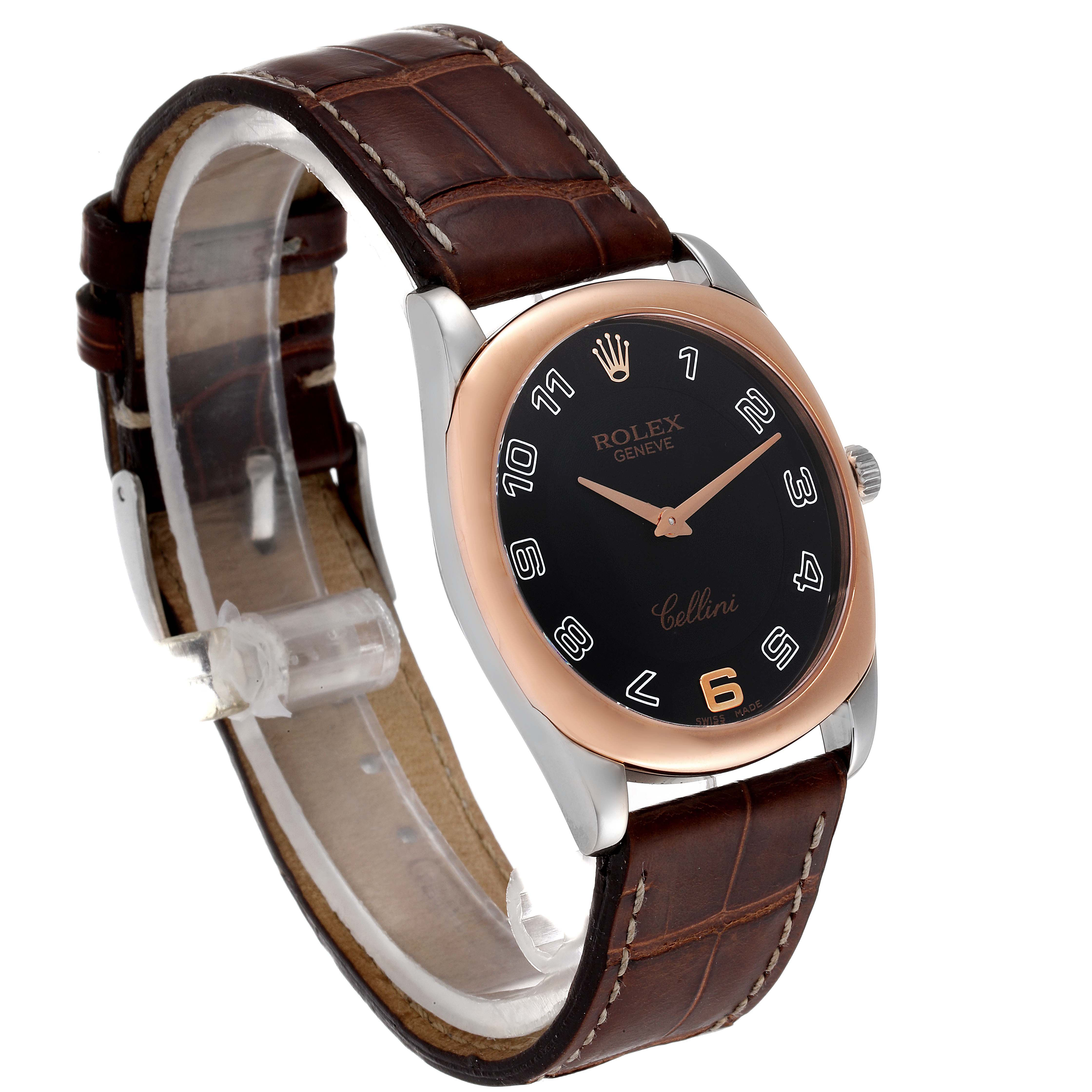 The Rolex Cellini 4233 Men's White Gold Black Dial 4233 Men's White Gold Black Dial watch is shown from a front angle, showcasing its dial, case, and alligator leather strap.