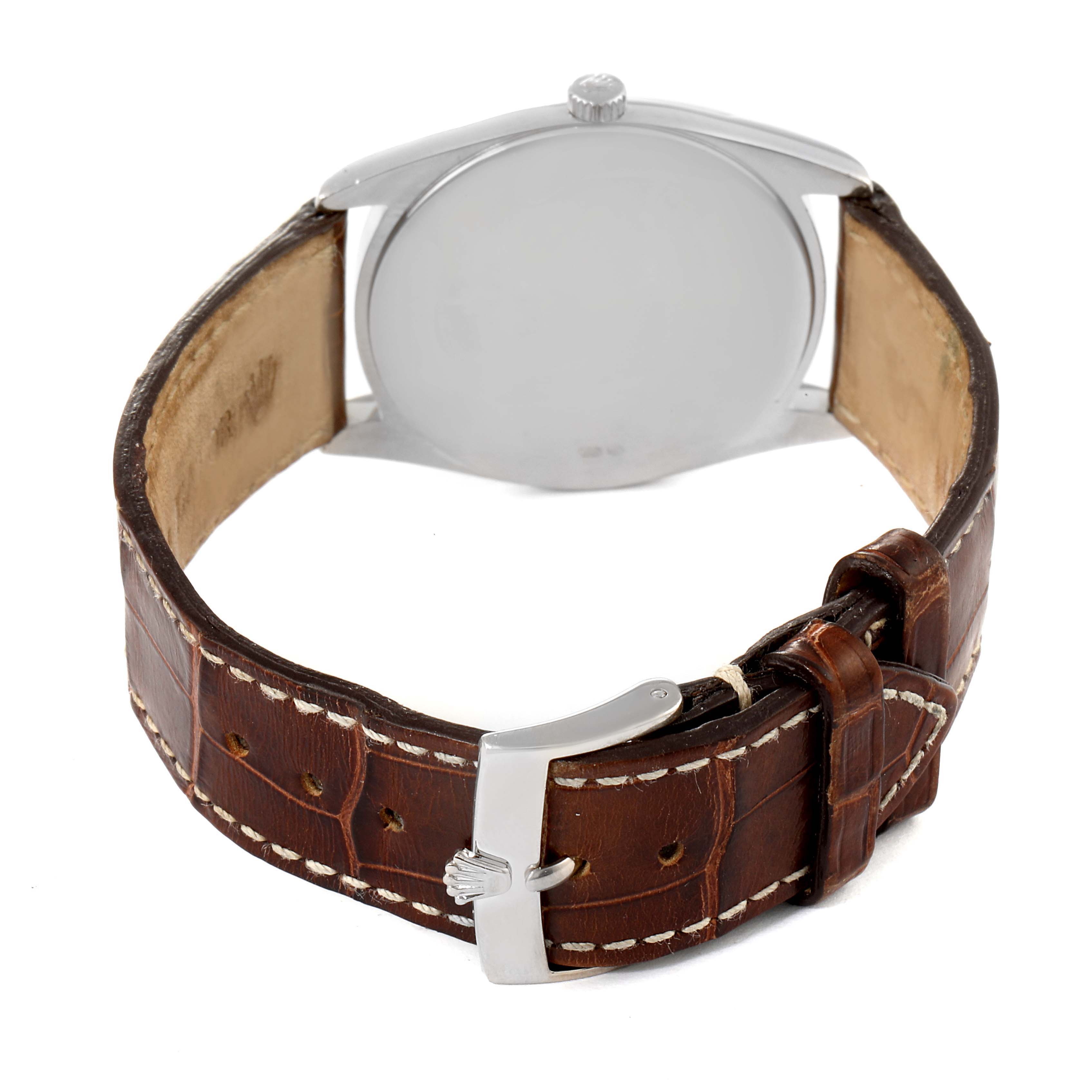 The image shows the back view of a Rolex Cellini 4233 Men's White Gold Black Dial 4233 Men's White Gold Black Dial watch, focusing on the case back, crown, and leather strap with a buckle.