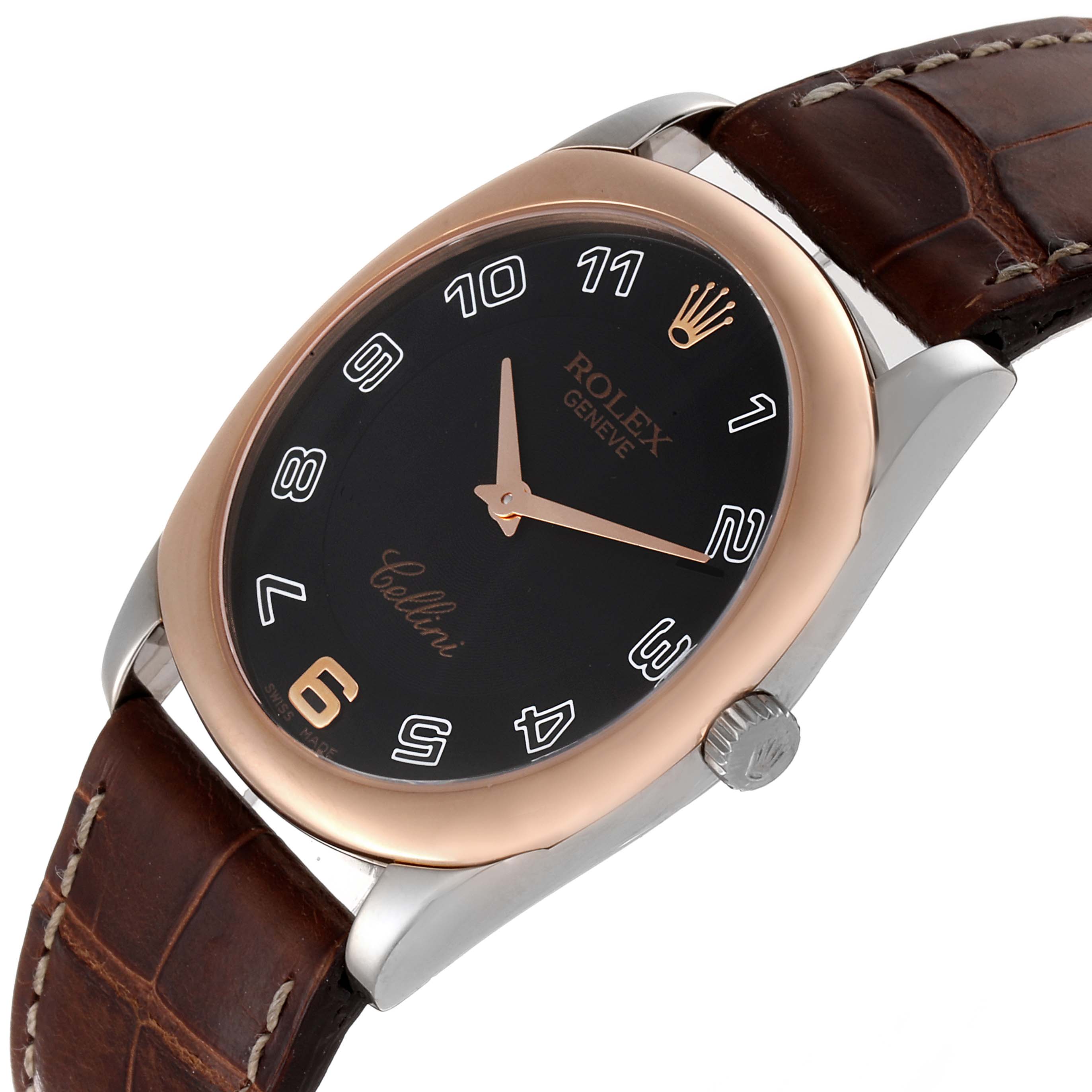 This Rolex Cellini 4233 Men's White Gold Black Dial 4233 Men's White Gold Black Dial watch is shown at a slight angle, displaying the dial, crown, case, and leather strap.