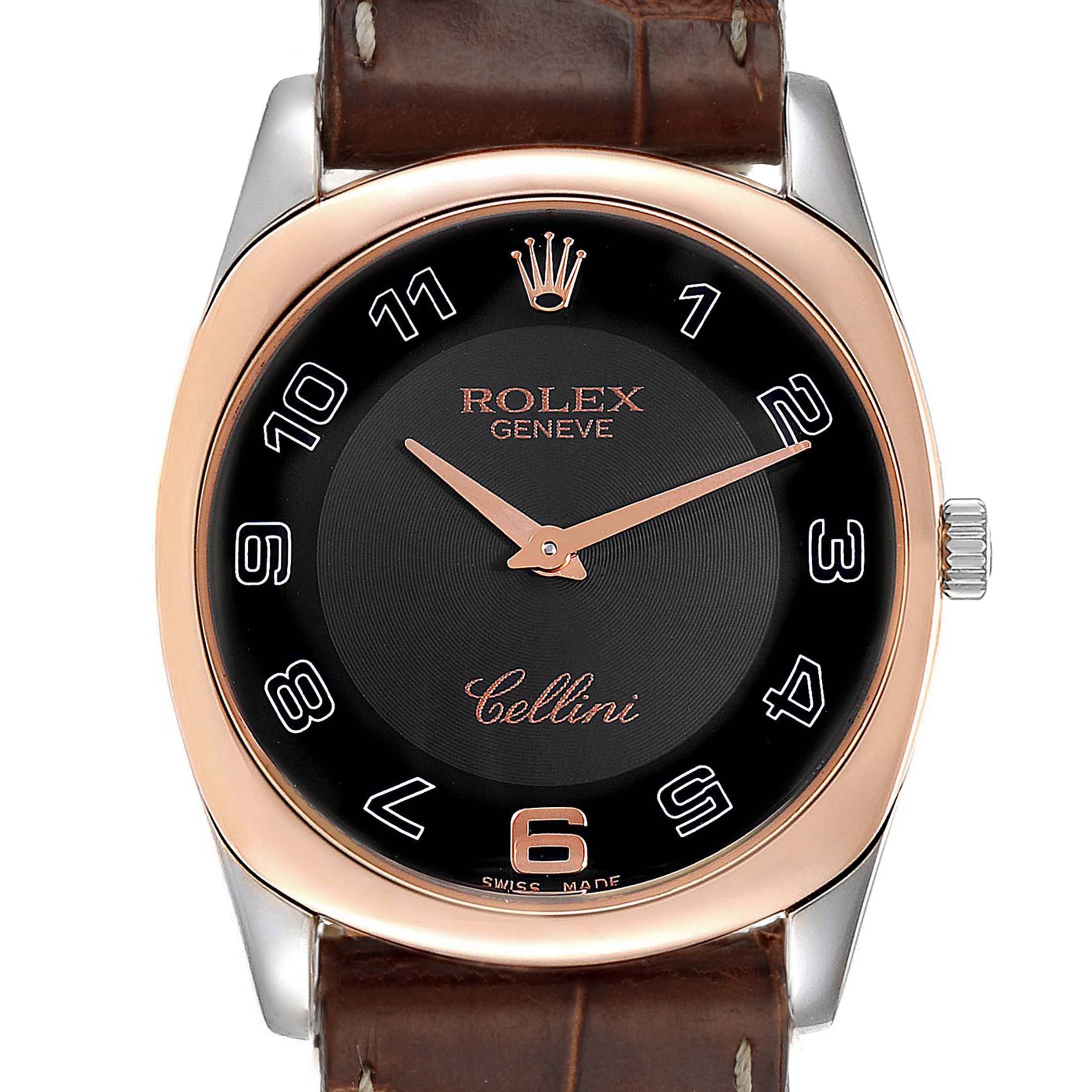 The image shows a frontal view of the Rolex Cellini 4233 Men's White Gold Black Dial 4233 Men's White Gold Black Dial watch, highlighting its dial, hands, bezel, and part of the leather strap.