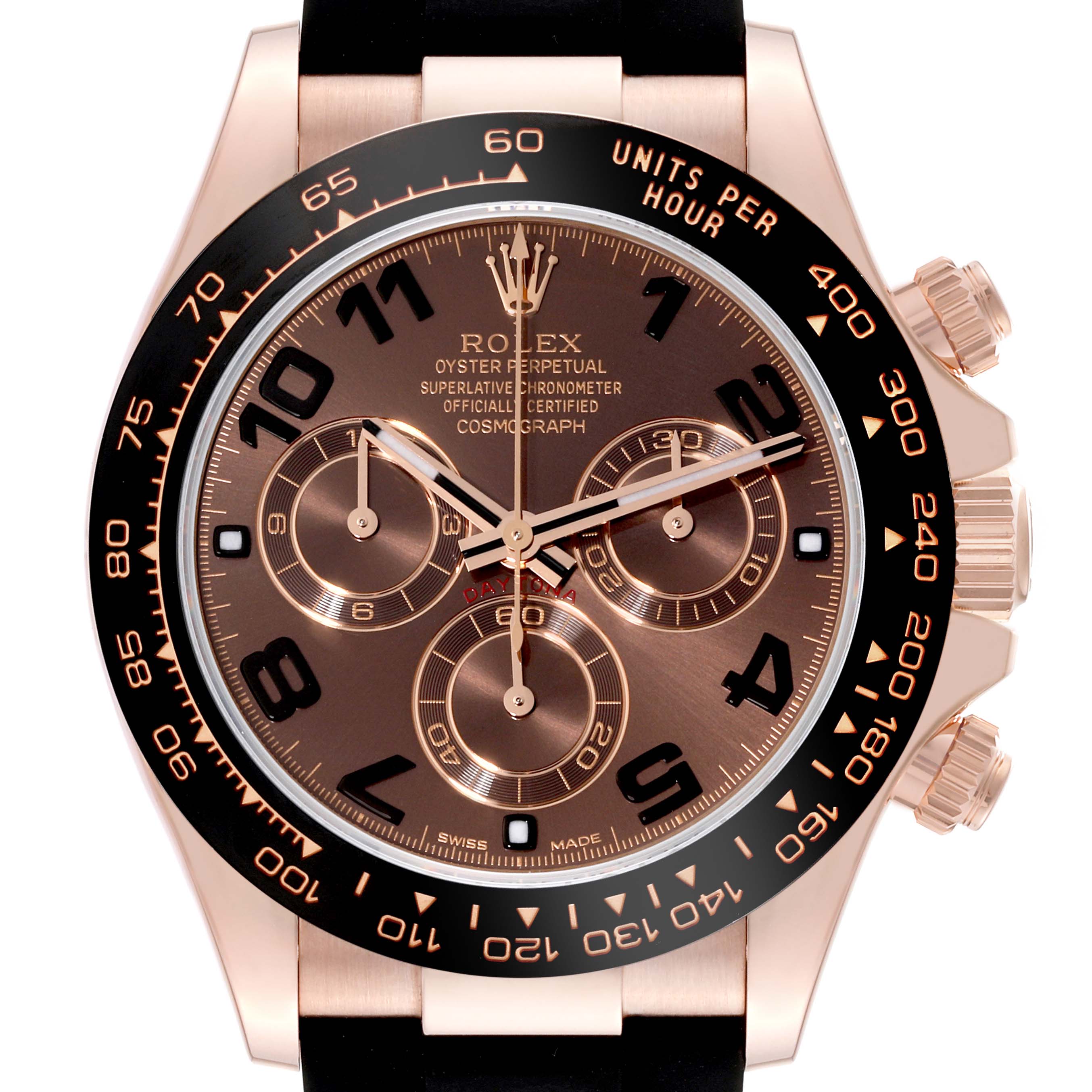 The image shows a close-up of the Rolex Daytona 116515 Men's Rose Gold Black Dial 116515 Men's Rose Gold Black Dial watch face and bezel, featuring three subdials, hour markers, and chronograph pushers.