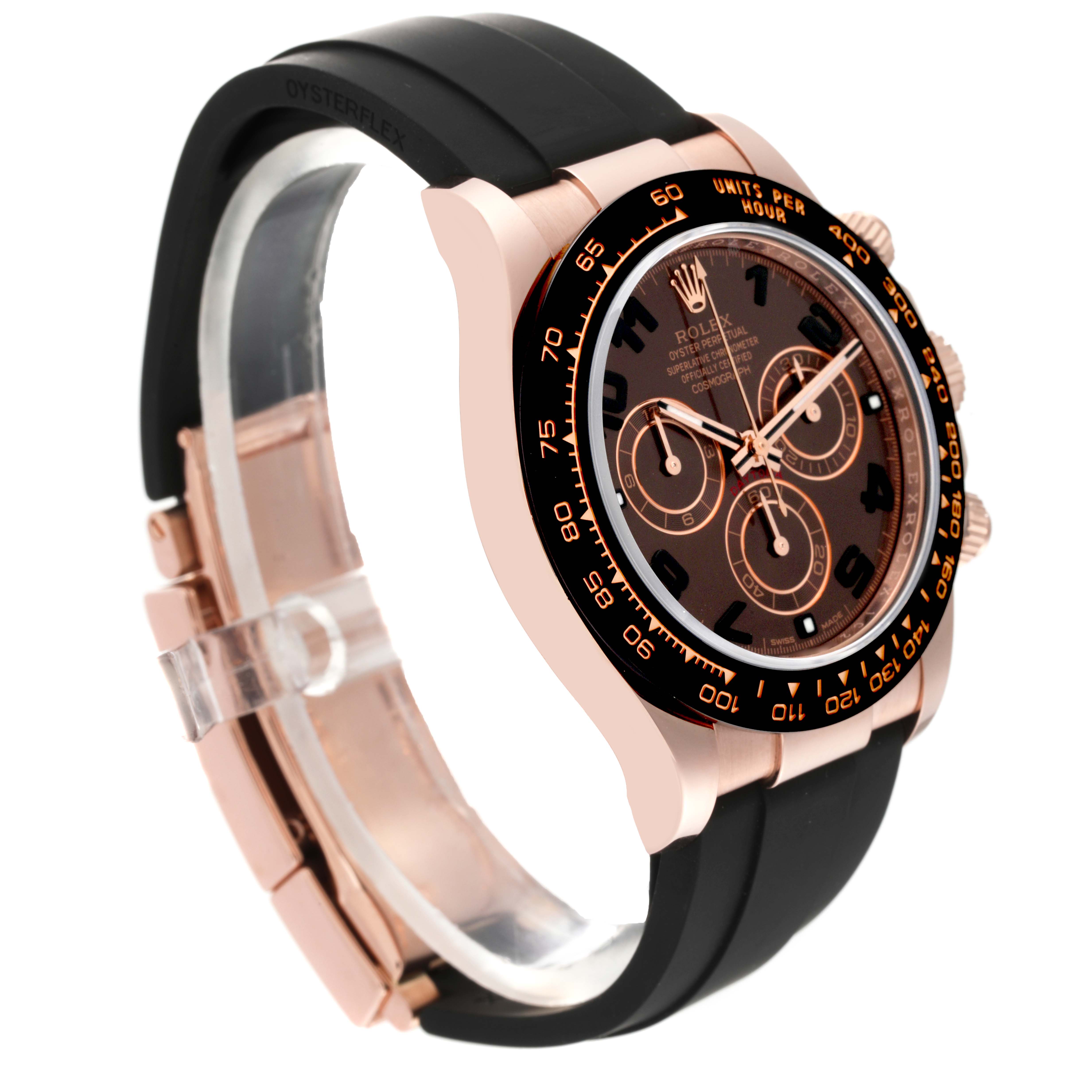 The image shows a side angle of the Rolex Daytona 116515 Men's Rose Gold Black Dial 116515 Men's Rose Gold Black Dial watch, highlighting its black dial, chronograph subdials, and black rubber strap.
