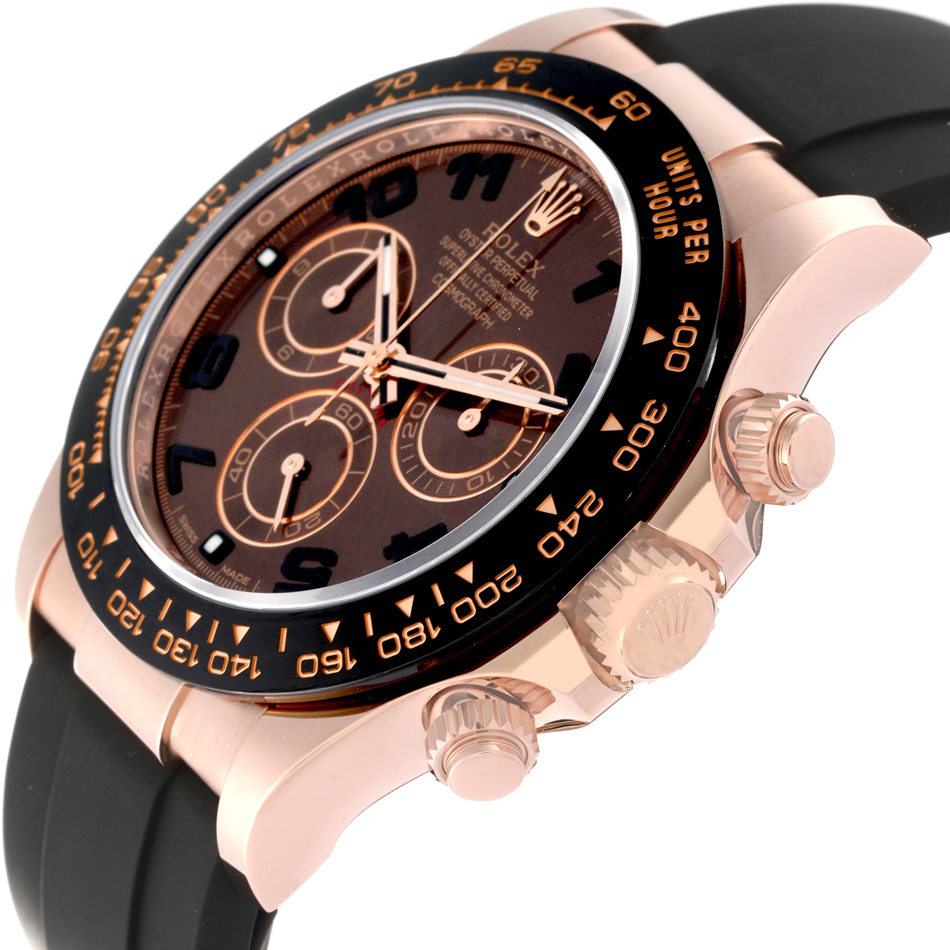 The Rolex Daytona 116515 Men's Rose Gold Black Dial 116515 Men's Rose Gold Black Dial watch is shown at a three-quarter angle, highlighting its bezel, dial, crown, and pushers.