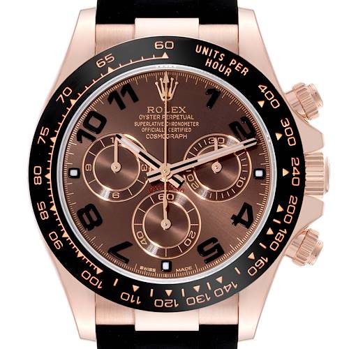 The image shows a front view of the Rolex Daytona watch, highlighting the dial, bezel, and pushers.