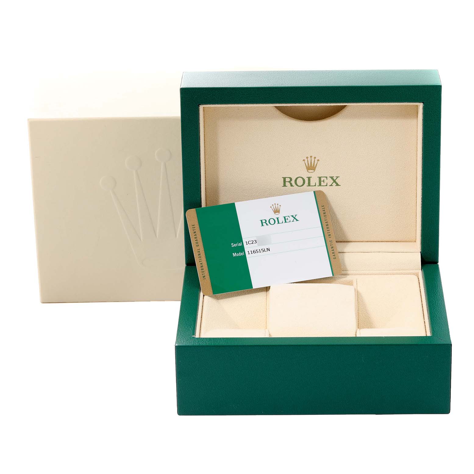 The image shows the open packaging and model card for a Rolex Daytona 116515 Men's Rose Gold Black Dial 116515 Men's Rose Gold Black Dial watch.